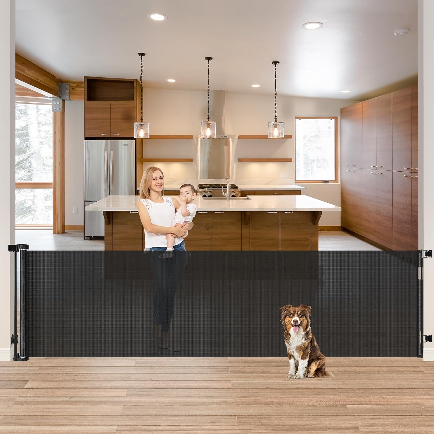 Puerta retráctil extra ancha de 85 pulgadas para bebé, puerta para interiores extra larga, puerta para perros al aire libre, puerta para perros