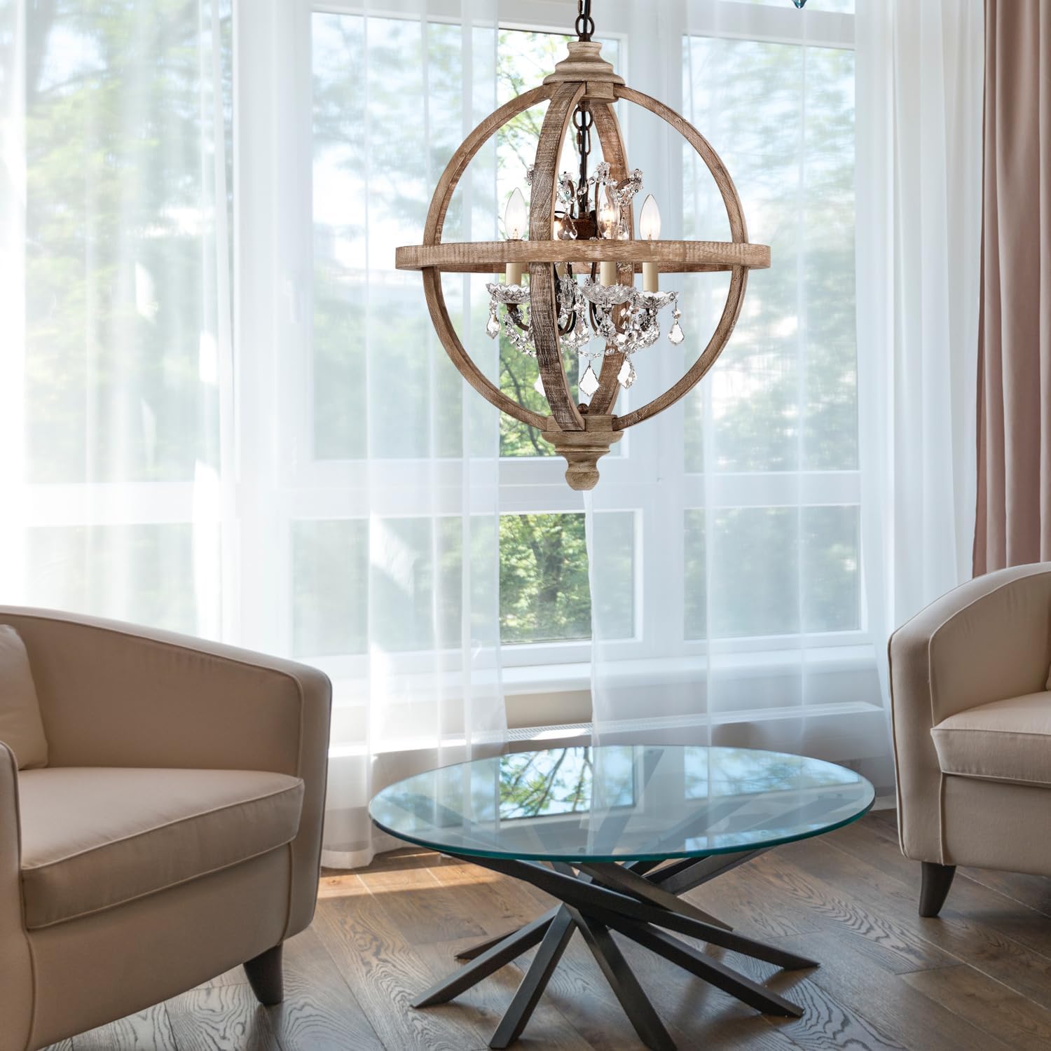 Cawabien Candelabro de metal y madera con 4 luces, estilo rústico con cristales transparentes, lámpara de techo de madera vintage para cocina,