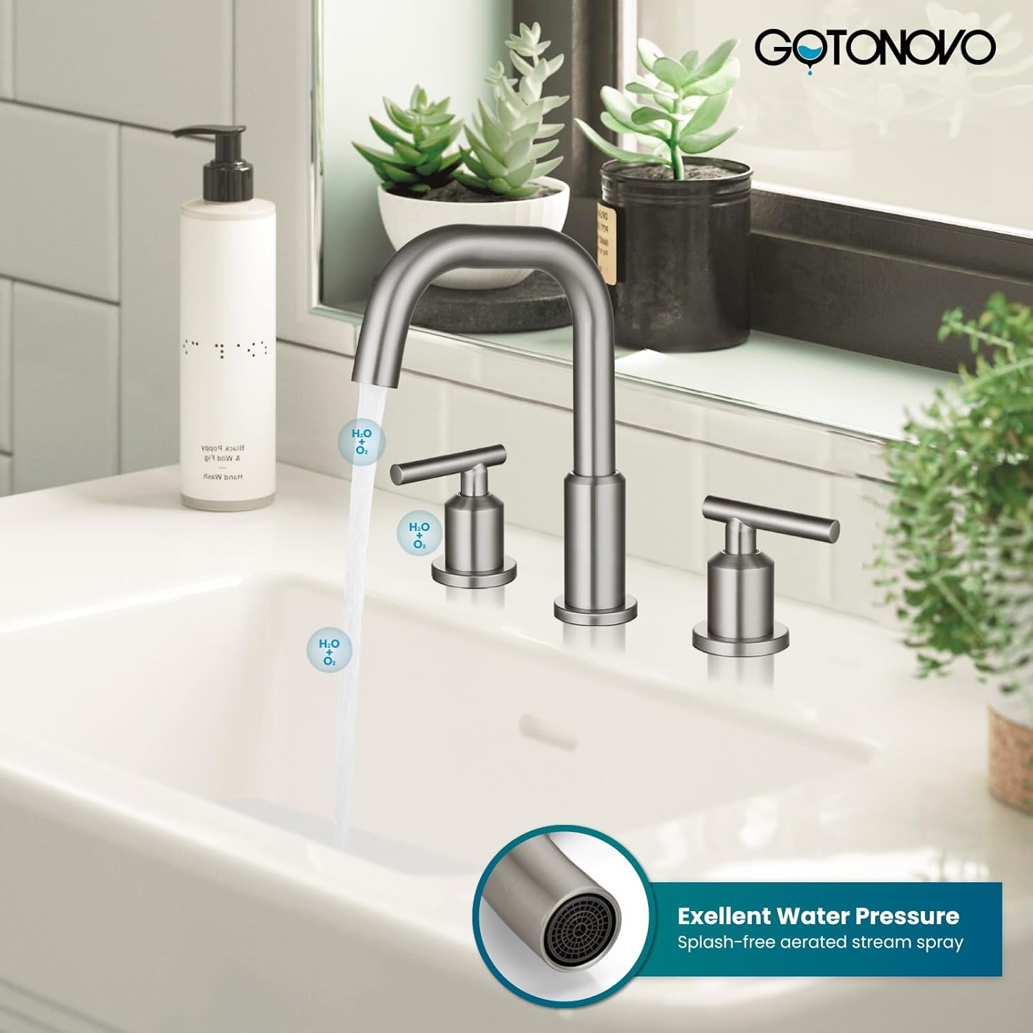 gotonovo Grifo de lavabo de baño de 3 agujeros y 2 asas con drenaje desplegable con válvulas mezcladoras frías y calientes de 8 pulgadas, grifo de