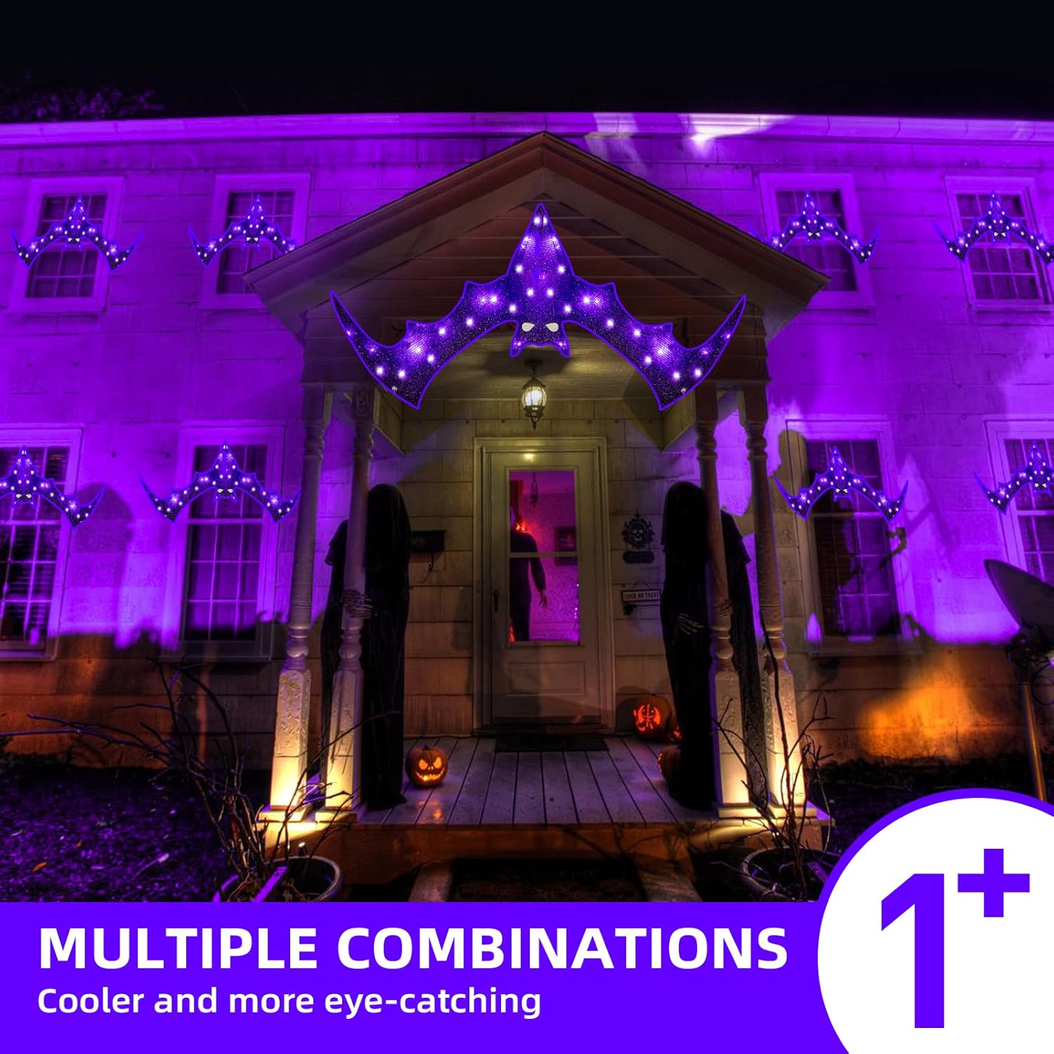 EAMBRITE Luces de ventana de Halloween de 4 pies, luz de murciélago gigante con 30 luces moradas, impermeable, silueta de ventana, decoración de luz