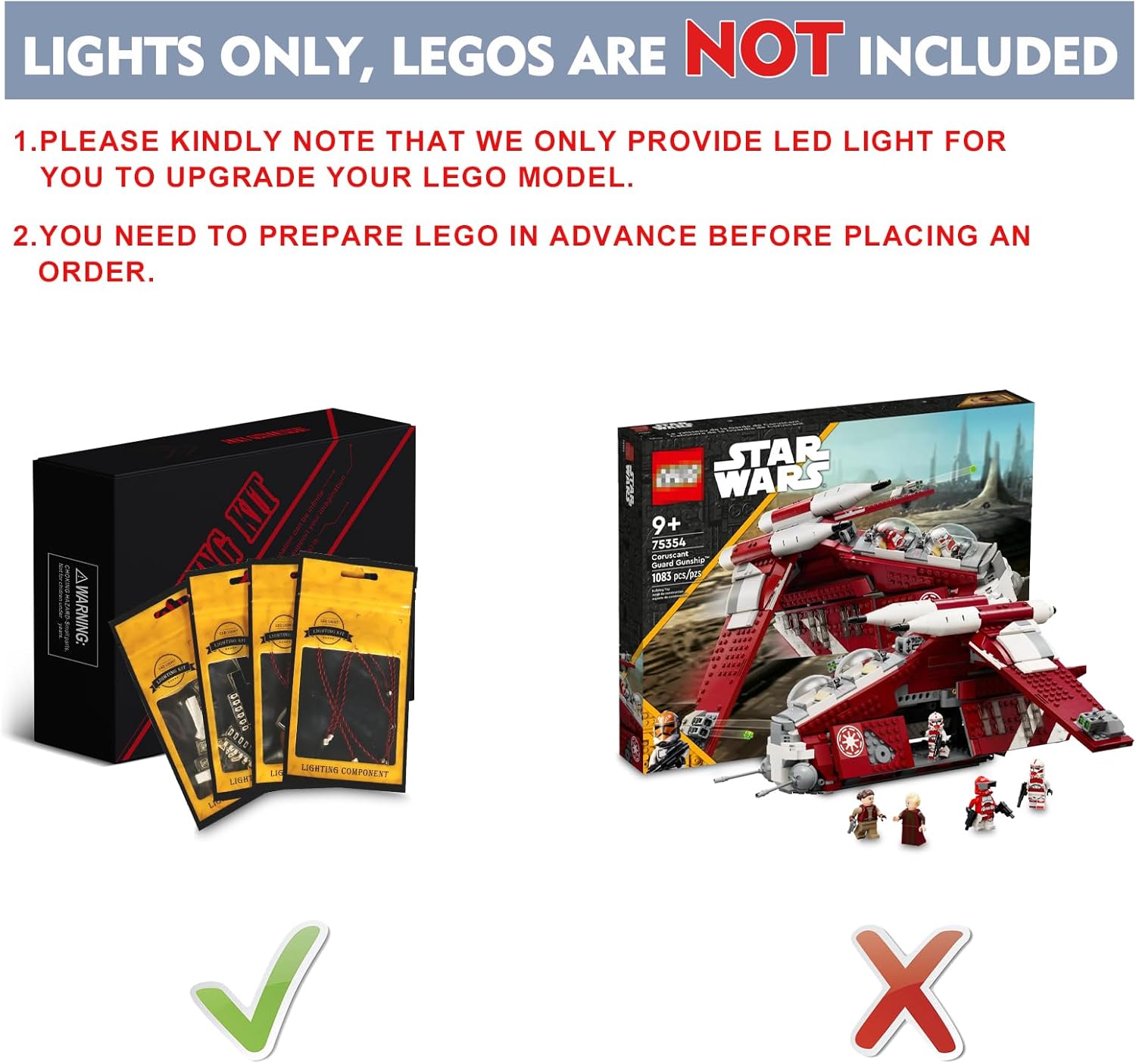BrickBling Kit de luces para Lego The Clone Wars Coruscant Guard Gunship (sin modelo), luces creativas compatibles con Lego 75354-versión de control