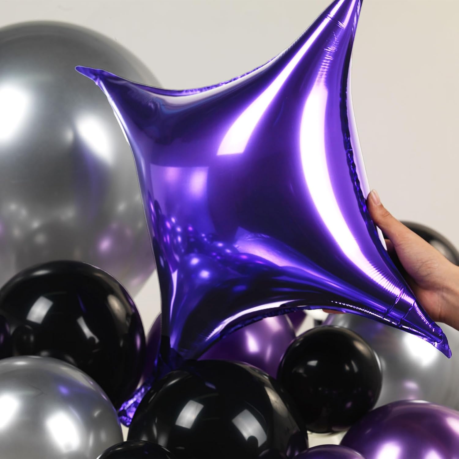 Kit de guirnalda de globos cromados, morados, negros y plateados, 126 piezas con globos de estrella grandes para mujer, aniversario de cumpleaños