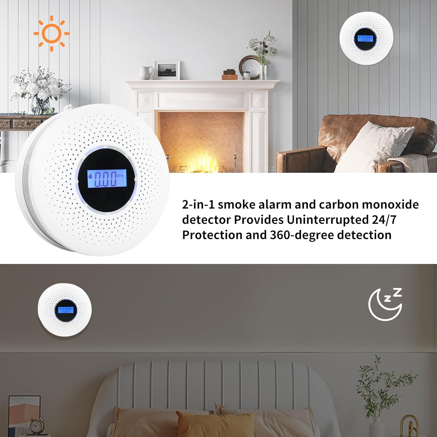 Detector de humo y monóxido de carbono 2 en 1, detector de humo de CO con pantalla LCD y alarma de luz sonora para el hogar, garaje, oficina, RV