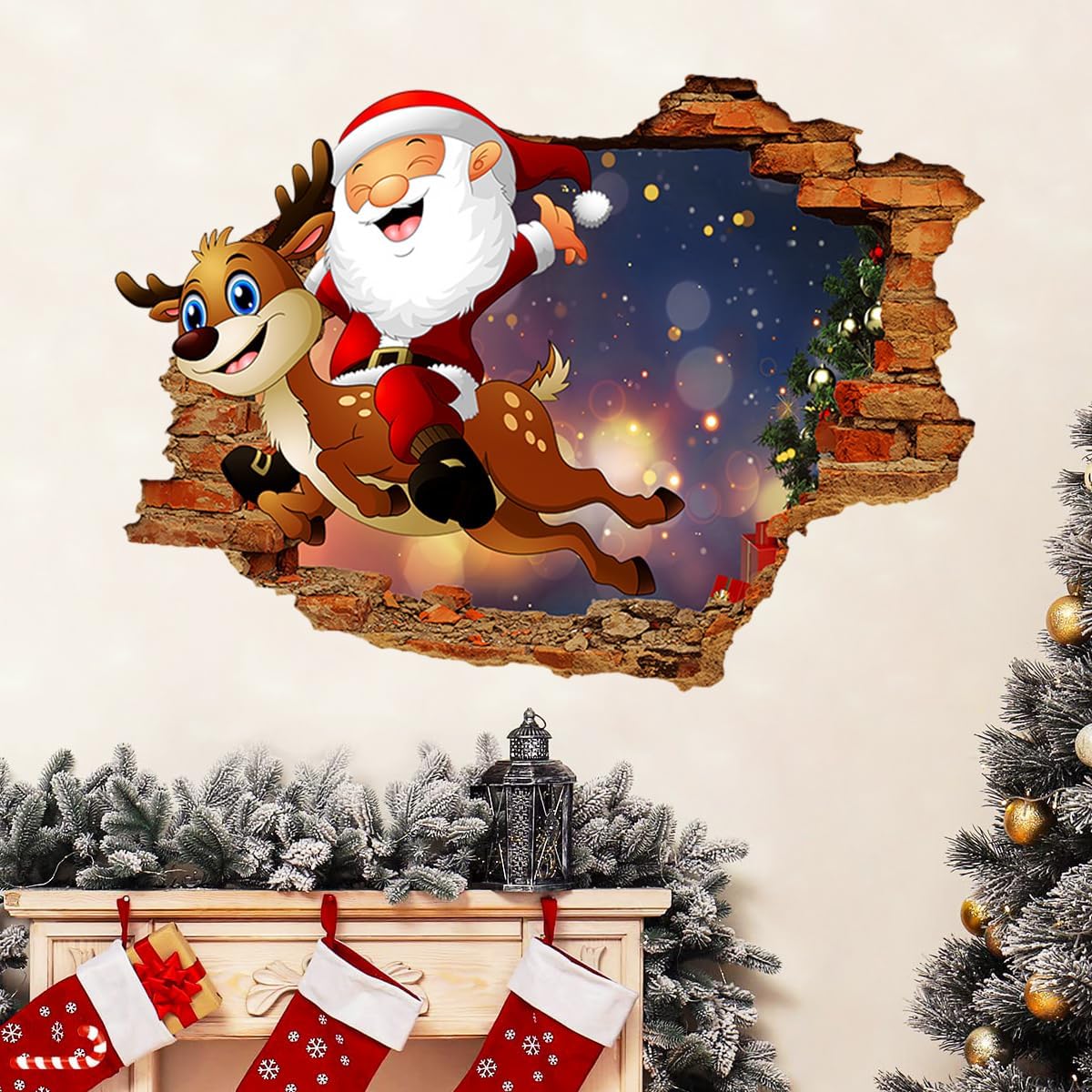 GGBOY Calcomanías de pared de Navidad 3D, calcomanías de pared de Navidad de renos de Papá Noel, removibles, calcomanías de pared de Navidad para