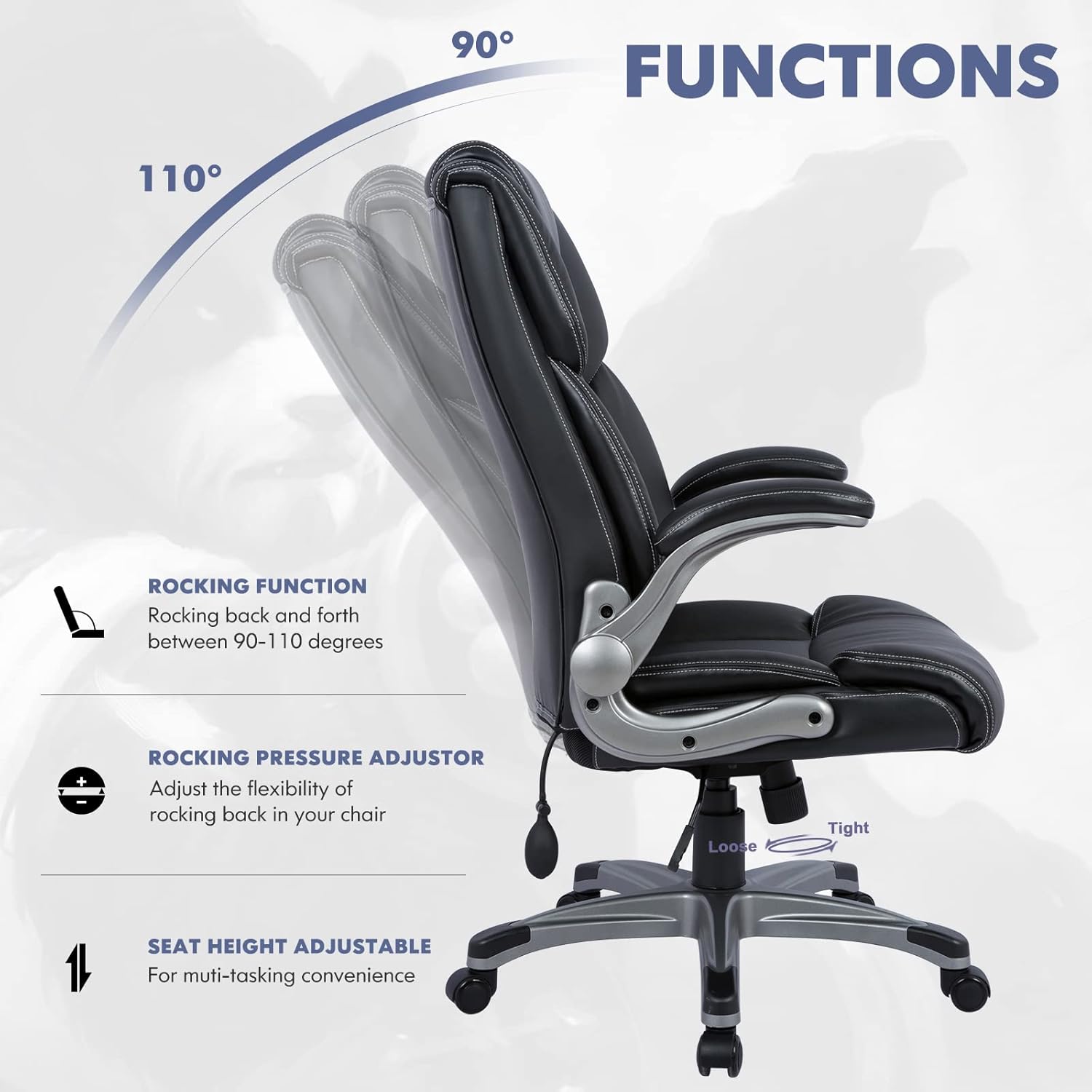 Silla de oficina ejecutiva de respaldo alto, silla ergonómica de cuero para computadora con brazos abatibles acolchados, bloqueo de inclinación