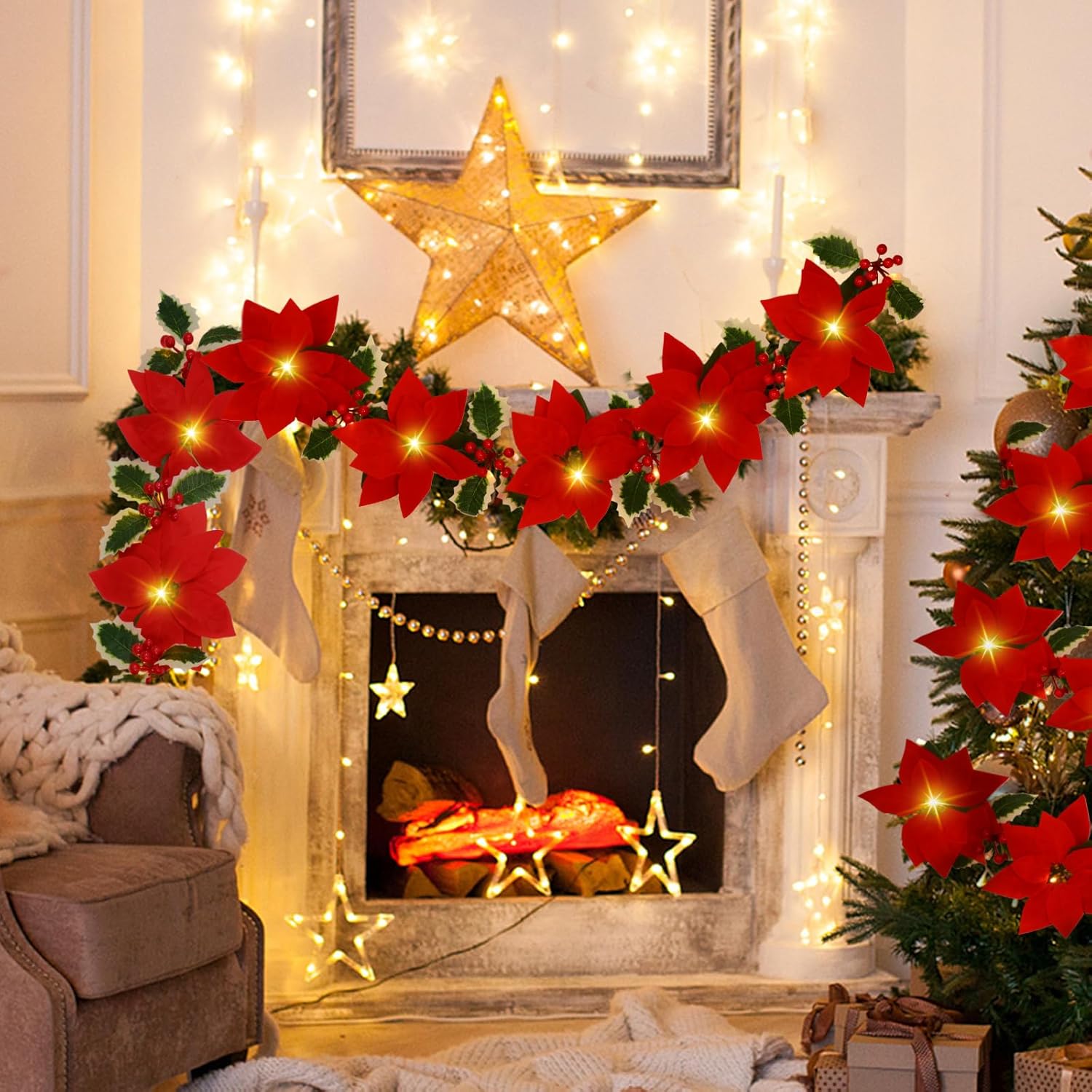 2 guirnaldas de Navidad decorativas  7.5 pies de flores de Pascua artificiales iluminadas con temporizador, guirnalda de Navidad para decoración de