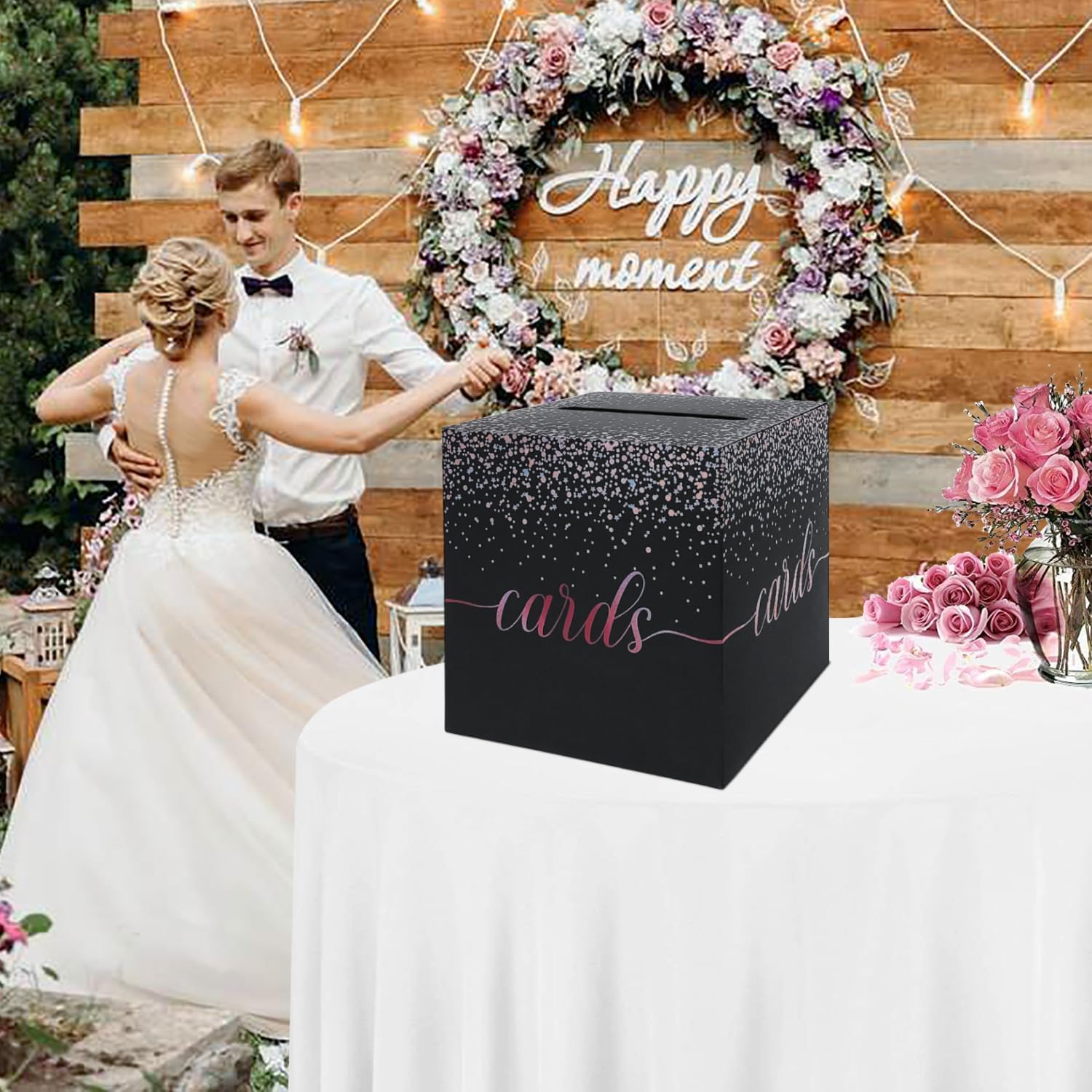 QIKSION Caja de tarjetas de oro rosa para fiestas, caja de regalo de color negro y oro rosa, caja de dinero para cumpleaños, despedida de soltera,