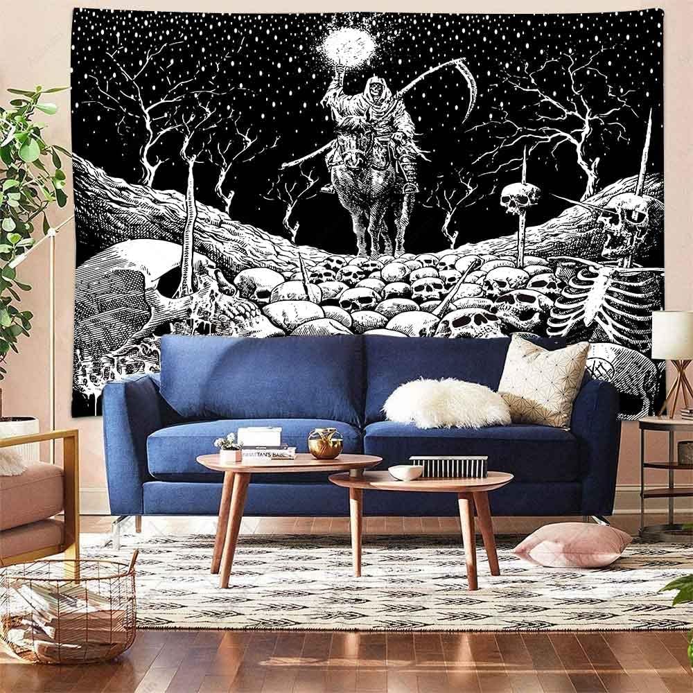 Grim Reaper – Tapiz de calavera de muerte de esqueleto para colgar en la pared de los hombres, para dormitorio, fantasía, tela de franela de 80 x 60