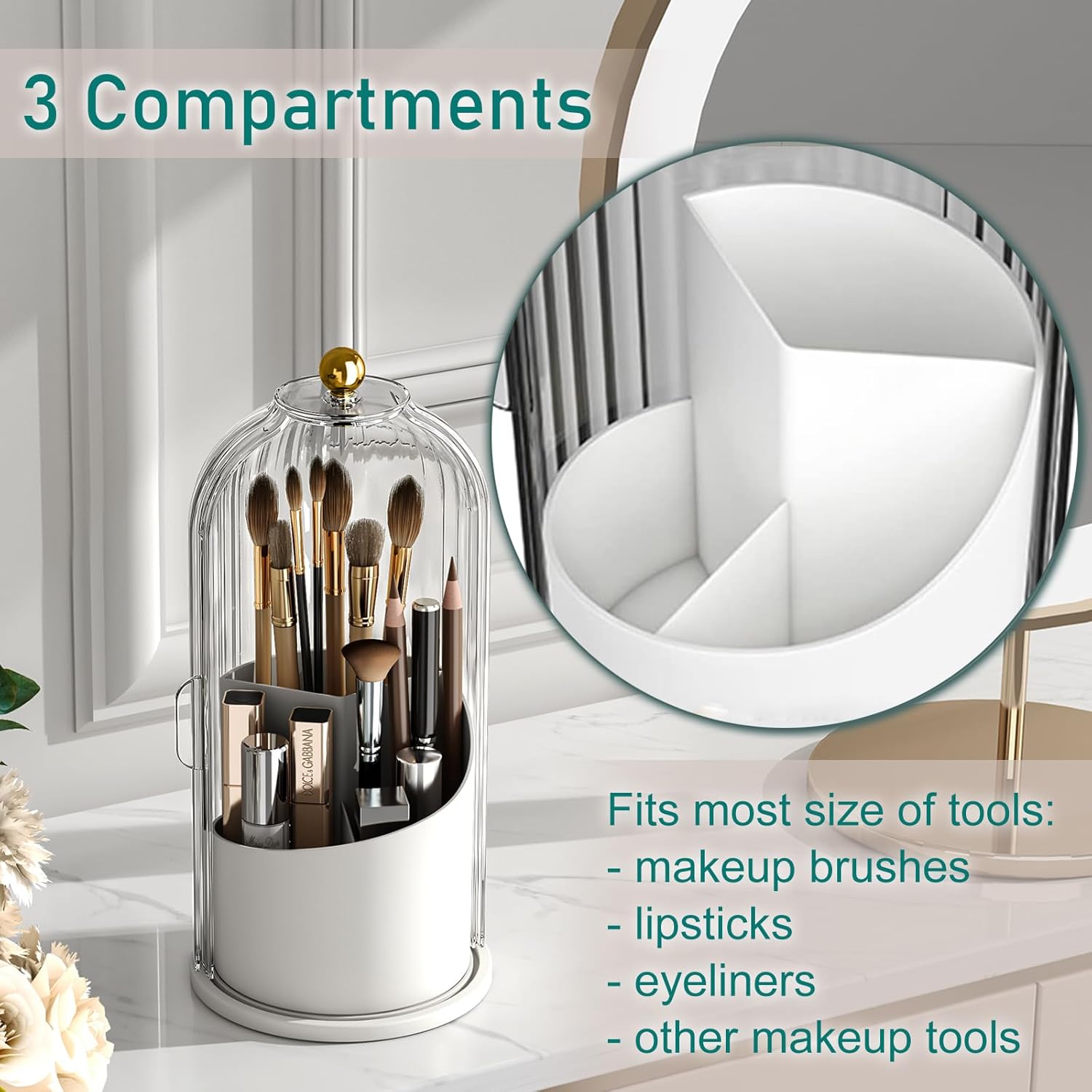 GAXmi Soporte para brochas de maquillaje con tapa, organizador de herramientas cosméticas, giratorio de 360 grados, impermeable, a prueba de polvo,