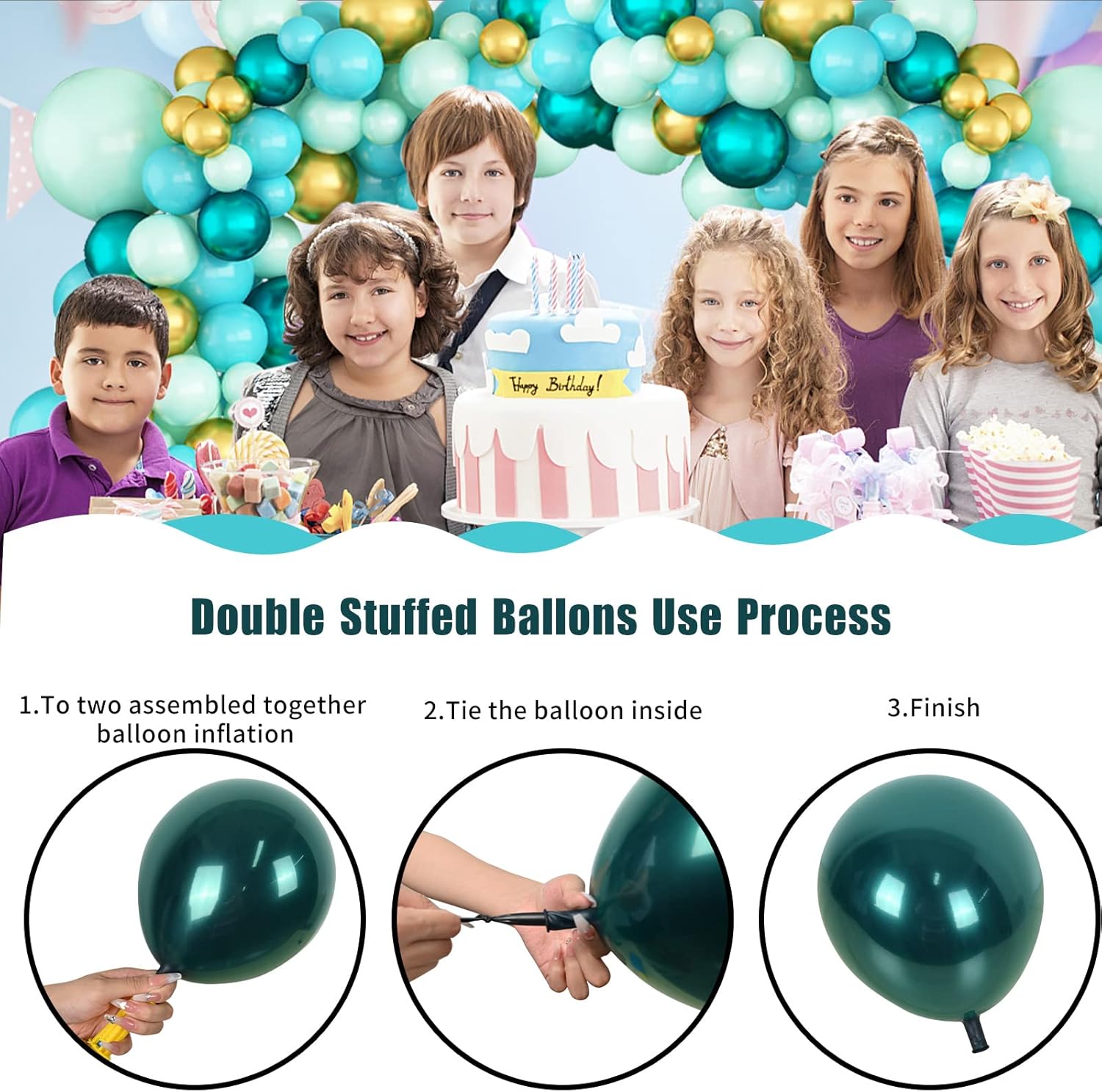 Kit de arco de globos de color azul turquesa, kit de guirnalda de globos turquesa de doble relleno con globos dorados metálicos, verde menta, verde