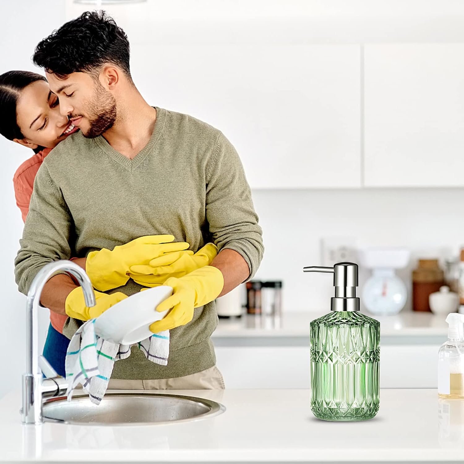 Diamond Design – Dispensador de jabón de vidrio verde de 12 onzas, dispensador de jabón de loción recargable para baño, cocina, jabón de manos,