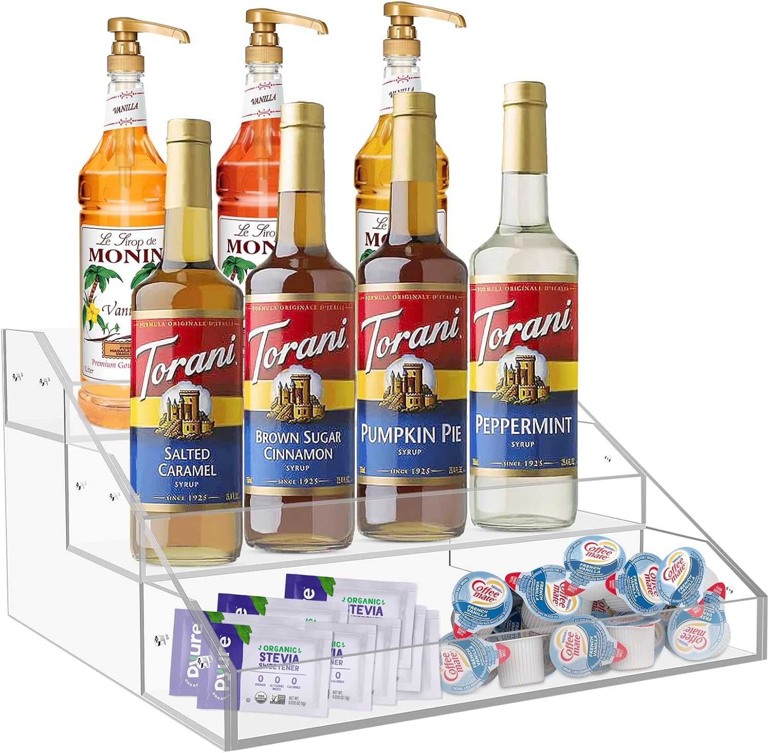 Organizador acrílico para jarabe de café, 3 niveles para 12 botellas, soporte para jarabe de café, accesorios de barra de café y organizador para