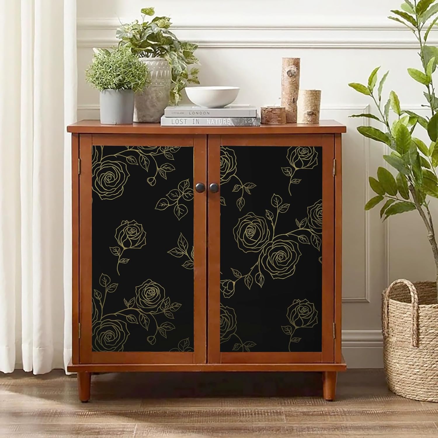 Amiya Papel tapiz de flores para despegar y pegar, papel tapiz bohemio dorado y negro, renovación de dormitorios, armarios, etc. Papel tapiz de
