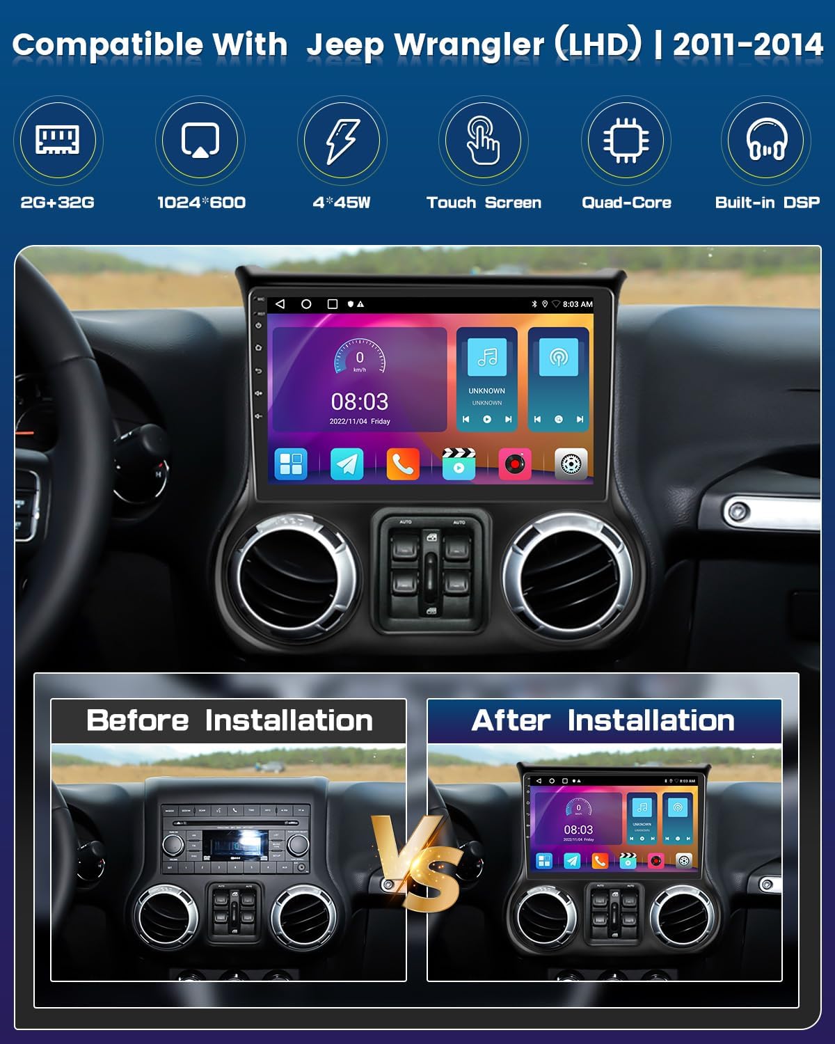 Roinvou Estéreo Android CarPlay 2+32G para Jeep Wrangler (LHD) 2011-2014, pantalla táctil de 10.1 pulgadas, navegación GPS en el tablero con CarPlay