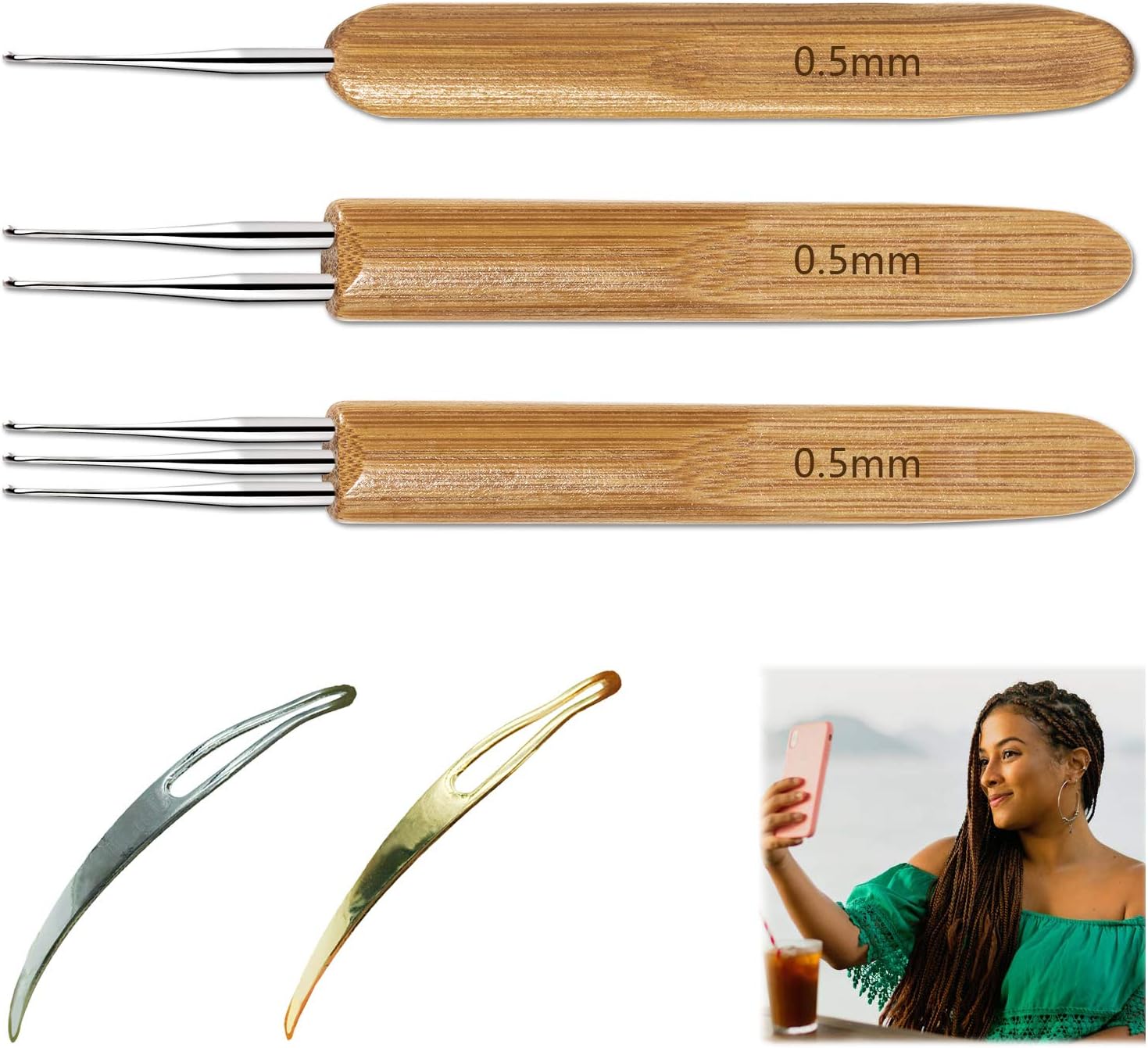 Juego de 5 herramientas para rastas que incluye 3 rastas de ganchillo, 1 gancho, 2 ganchos, 3 ganchos, 3 ganchos, aguja de tejer el cabello, 2