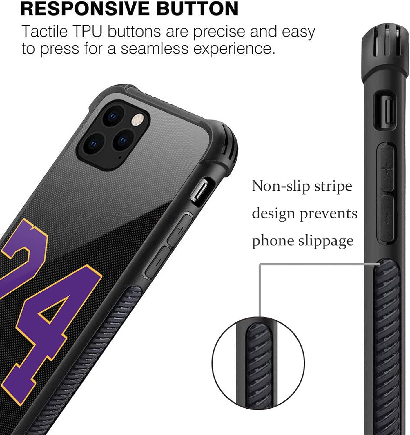 Funda compatible con iPhone 13 Pro Max, color negro, 24 jersey, morado, amarillo, diseño de patrón increíble, a prueba de golpes, antiarañazos,