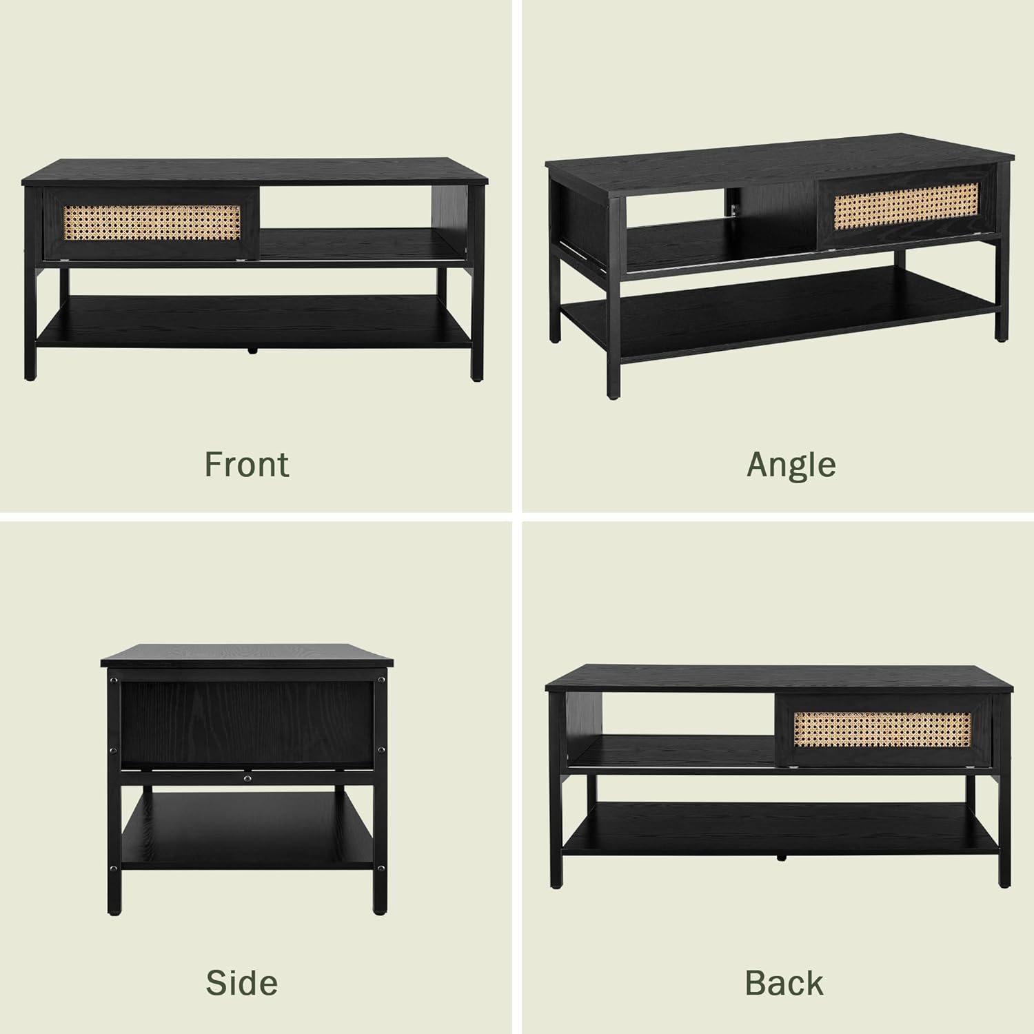 Mesa de centro con puertas correderas de ratán natural, mesa de centro moderna de mediados de siglo con almacenamiento, mesa de centro de madera