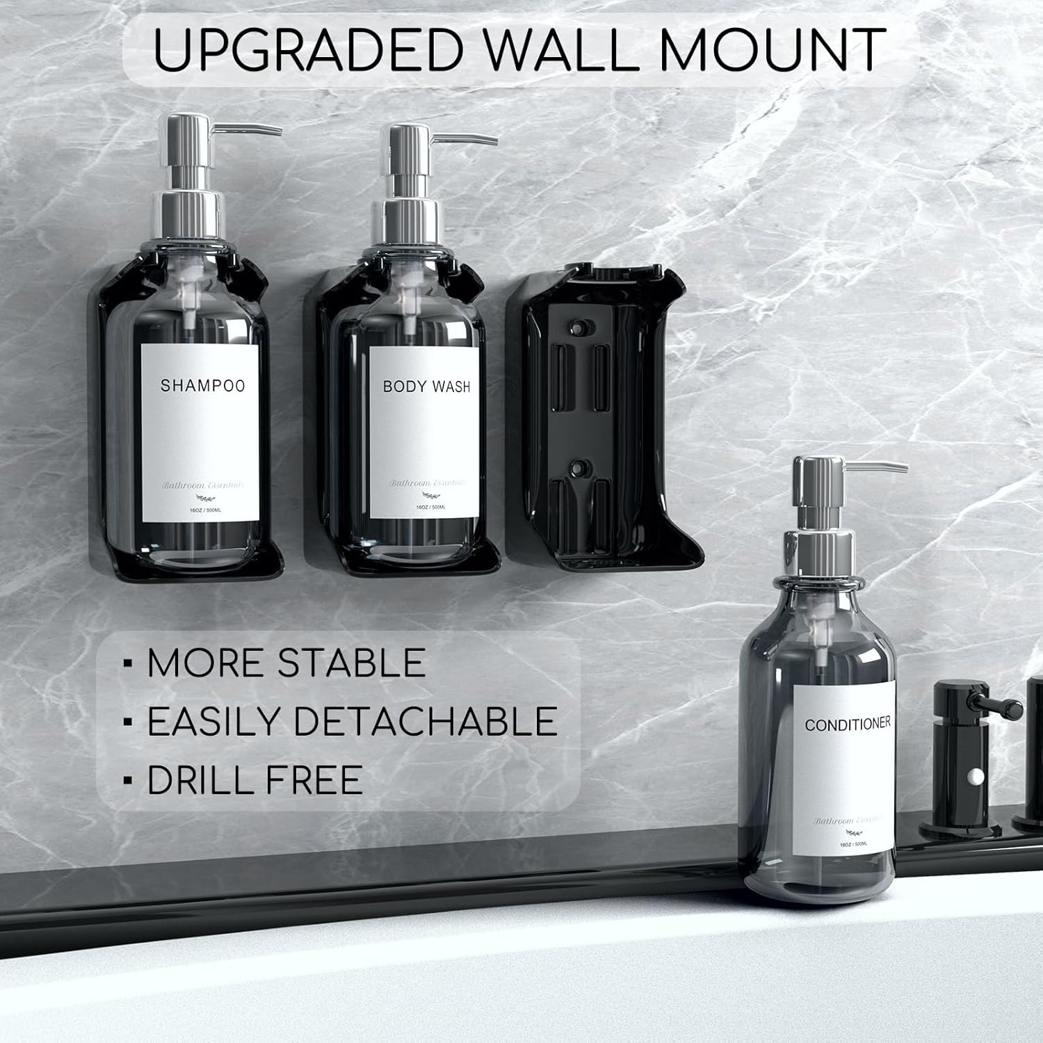 Elegante dispensador de champú y acondicionador de pared, juego de 3 dispensadores de jabón de ducha de 16 onzas sin taladro, 3 cámaras con 6
