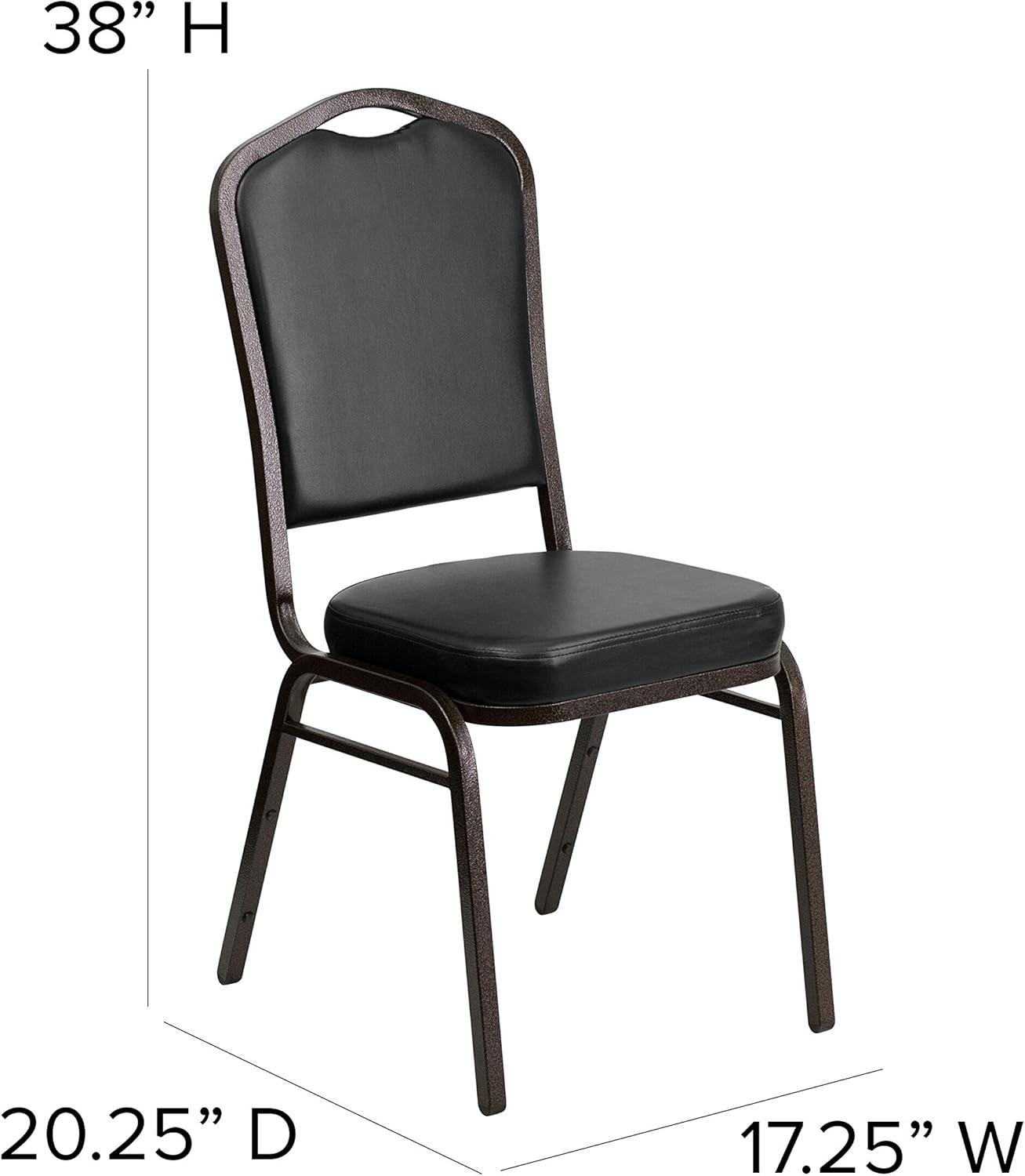 BizChair Silla de banquete apilable con respaldo de corona en vinilo negro – Marco de vena dorada