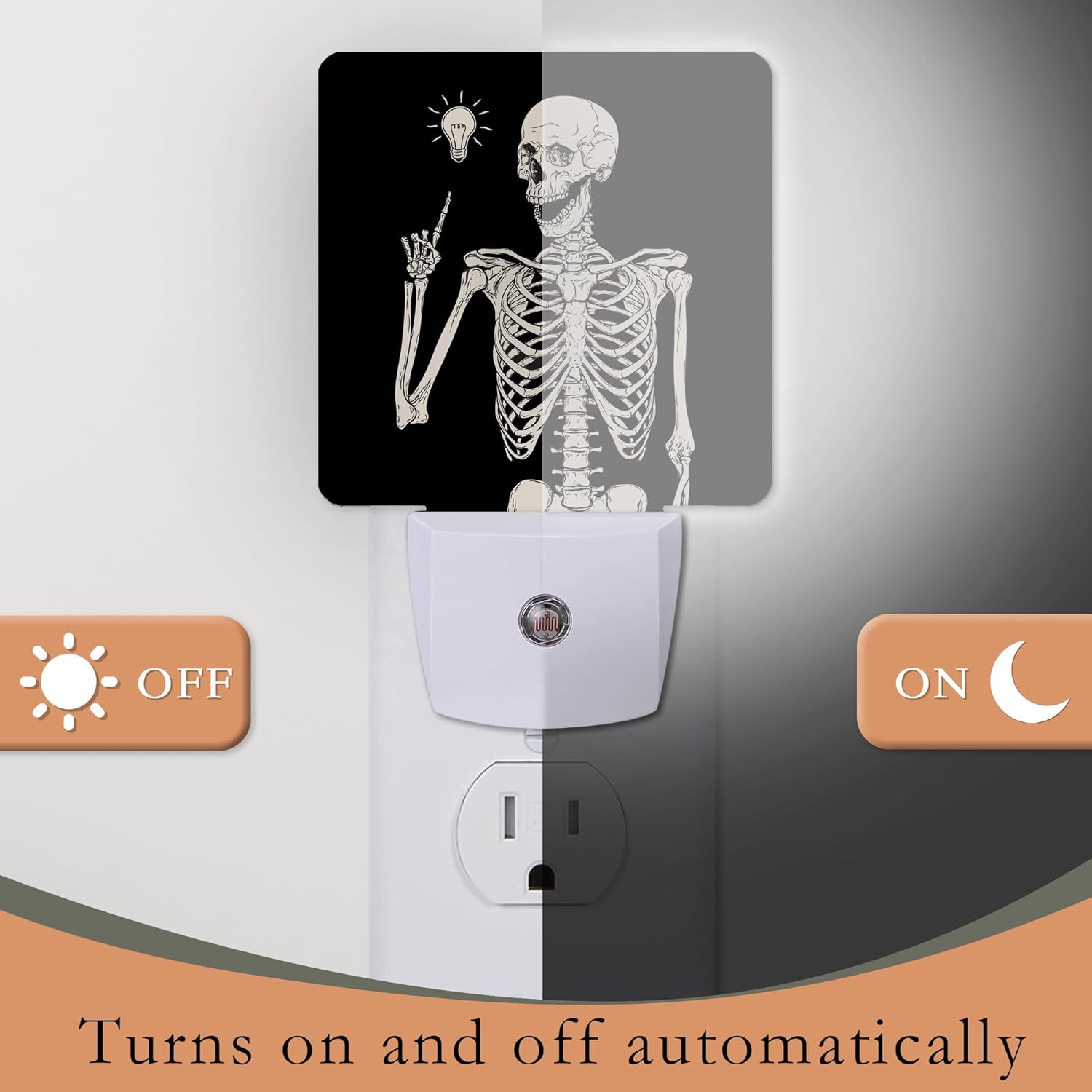 Divertida luz nocturna de calavera para niños, luz nocturna LED de esqueleto bohemio enchufable a la pared con sensor de atardecer a amanecer para