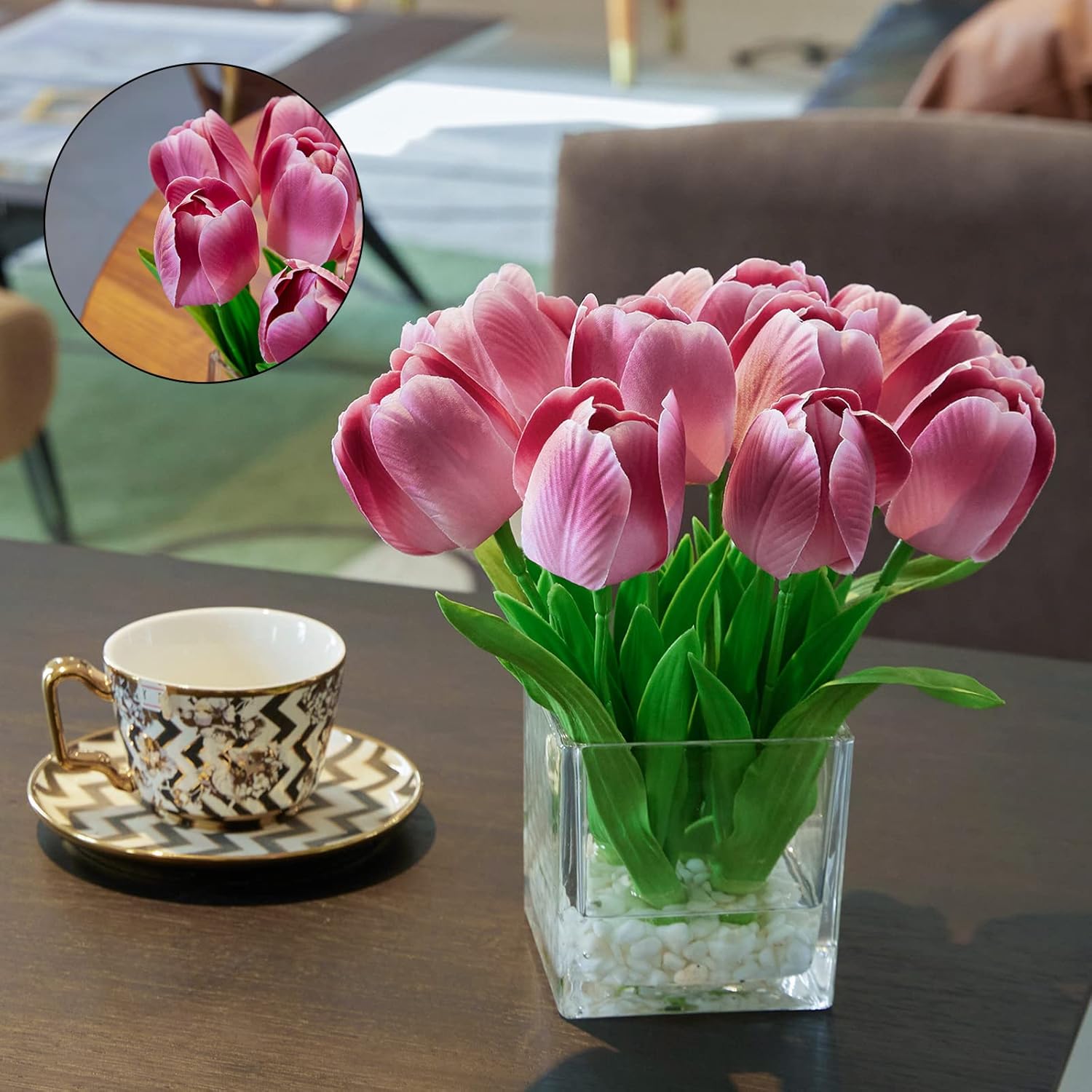 Flores artificiales, arreglo floral de tulipanes en jarrón, flores falsas, tulipanes de seda, modernas flores artificiales de seda para el hogar,