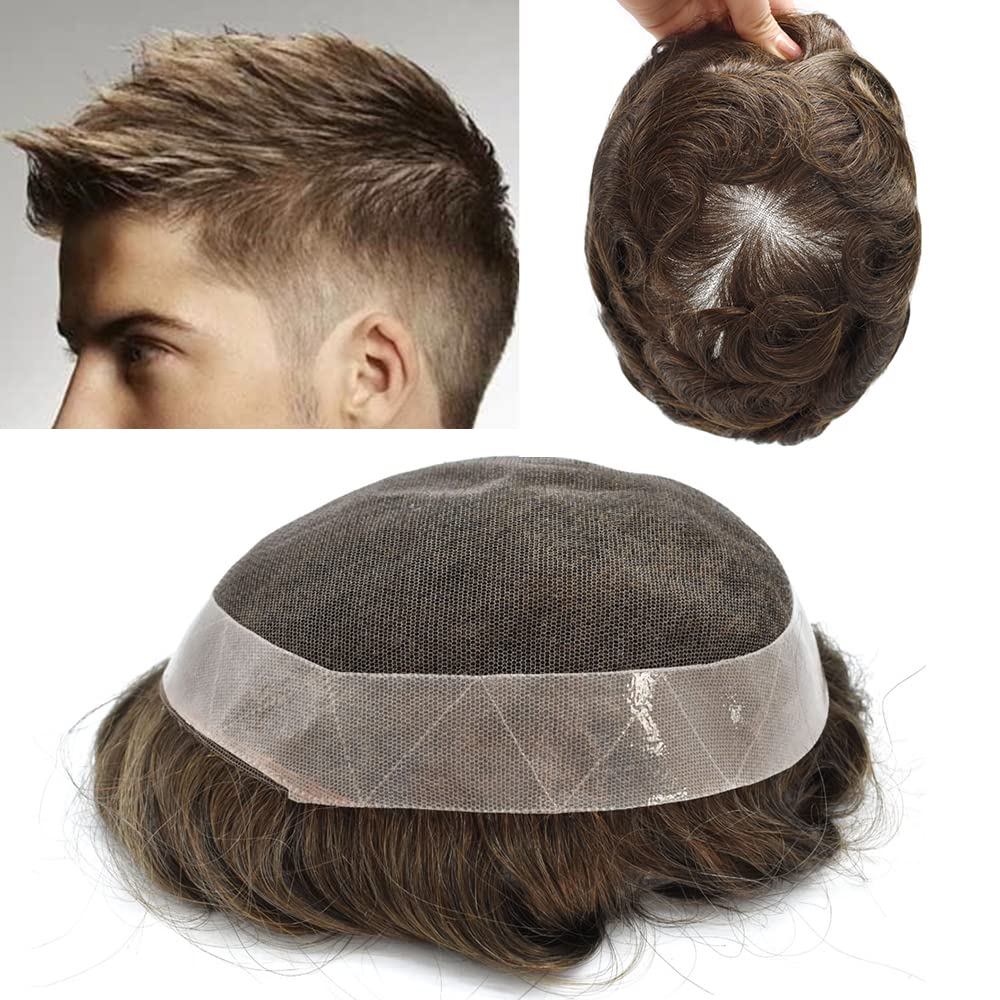 RESHE Sistemas de reemplazo de cabello para hombre, tupé para hombres, cabello humano real, encaje suizo con PU alrededor de los hombres, pieza de