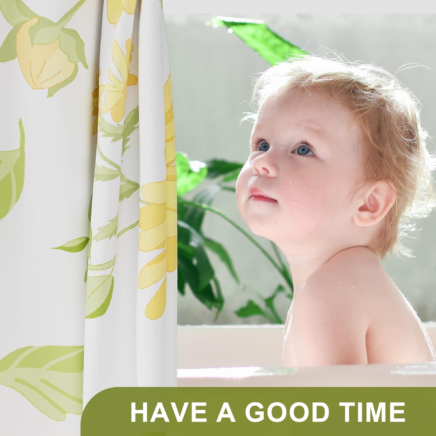 AmazerBath – Juego de cortina de tela para ducha con 12 ganchos, cortina bohemia con diseño de gerbera amarilla, cortina lavable para ducha y baño,