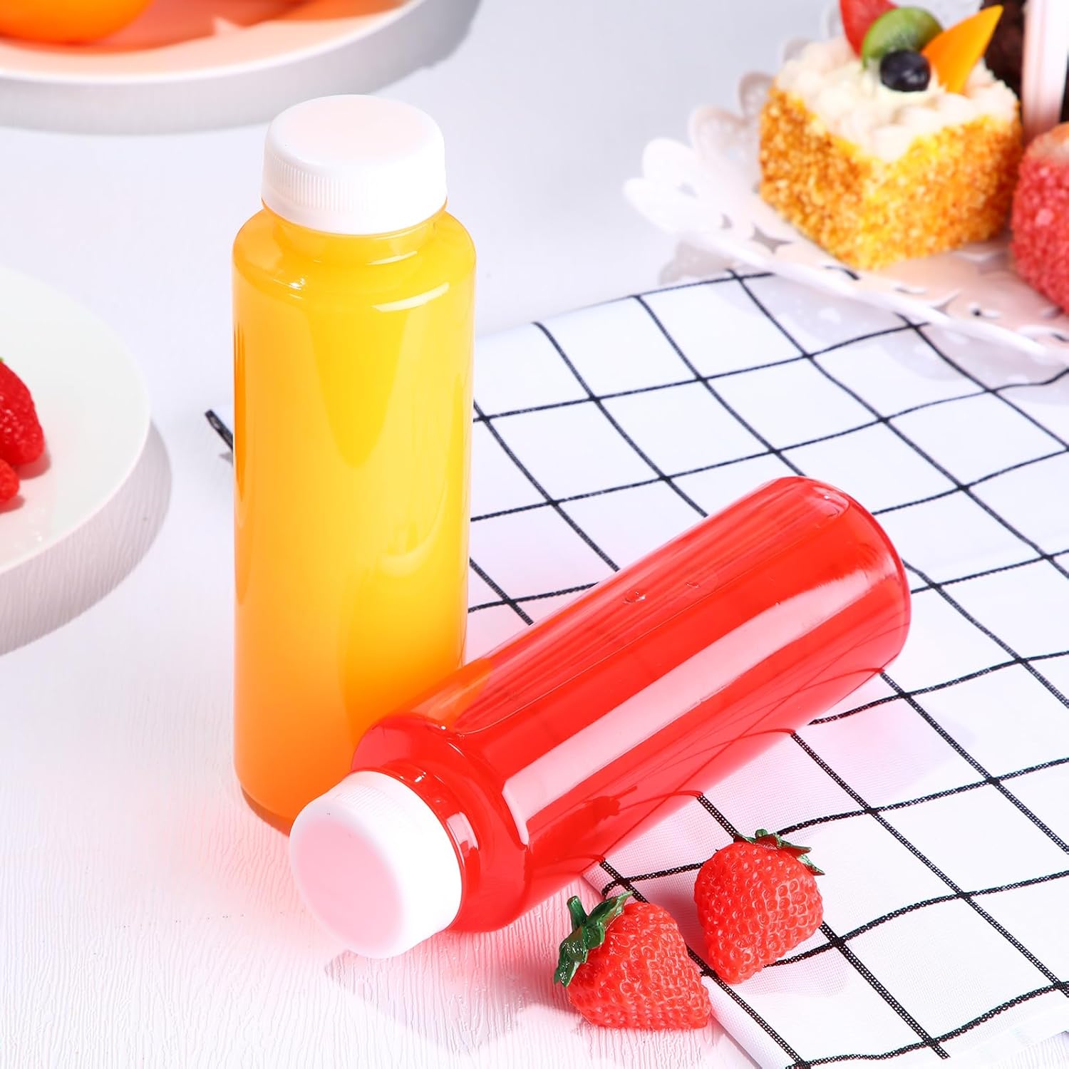 150 botellas de plástico para jugo con tapas, recipientes cilíndricos transparentes para bebidas, botellas vacías para bebidas de PET con tapas a