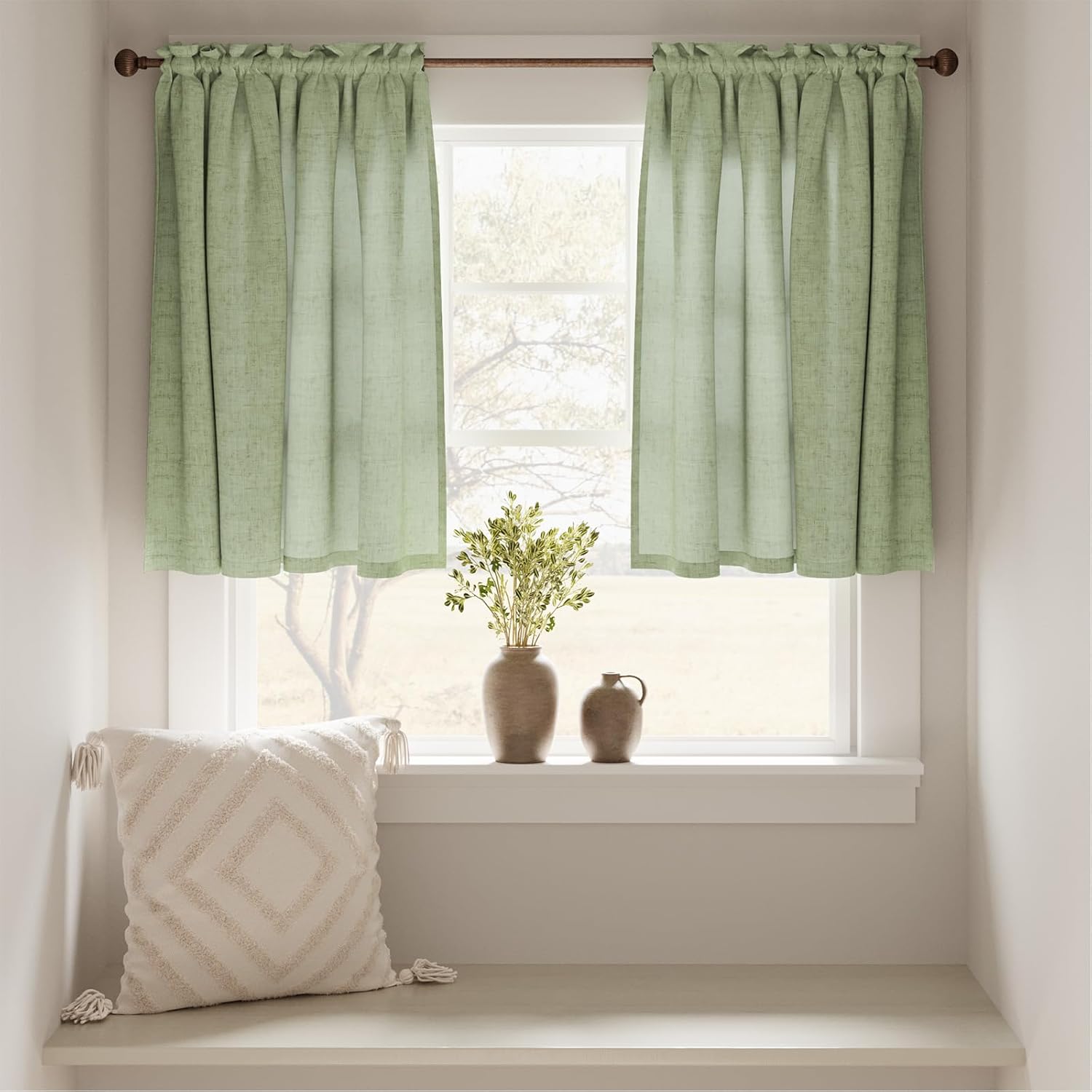 JINCHAN Cortinas de cocina de lino de 24 pulgadas, cortinas de café de granja para filtrar la luz, cortinas de lino rústico con bolsillo para barra,