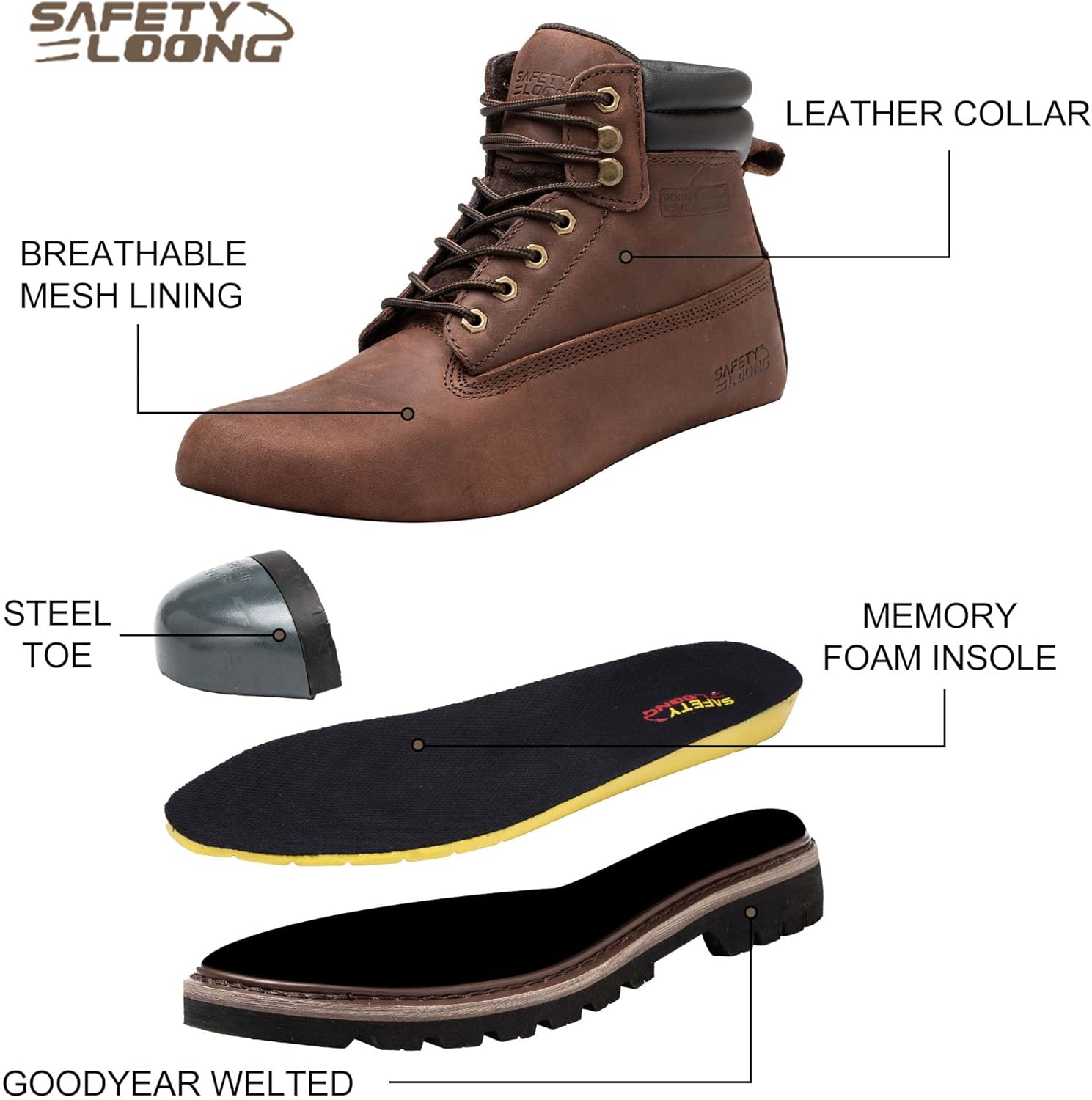 SAFETY LOONG Botas de trabajo con punta de acero para hombre, impermeables, de cuero real, antideslizantes
