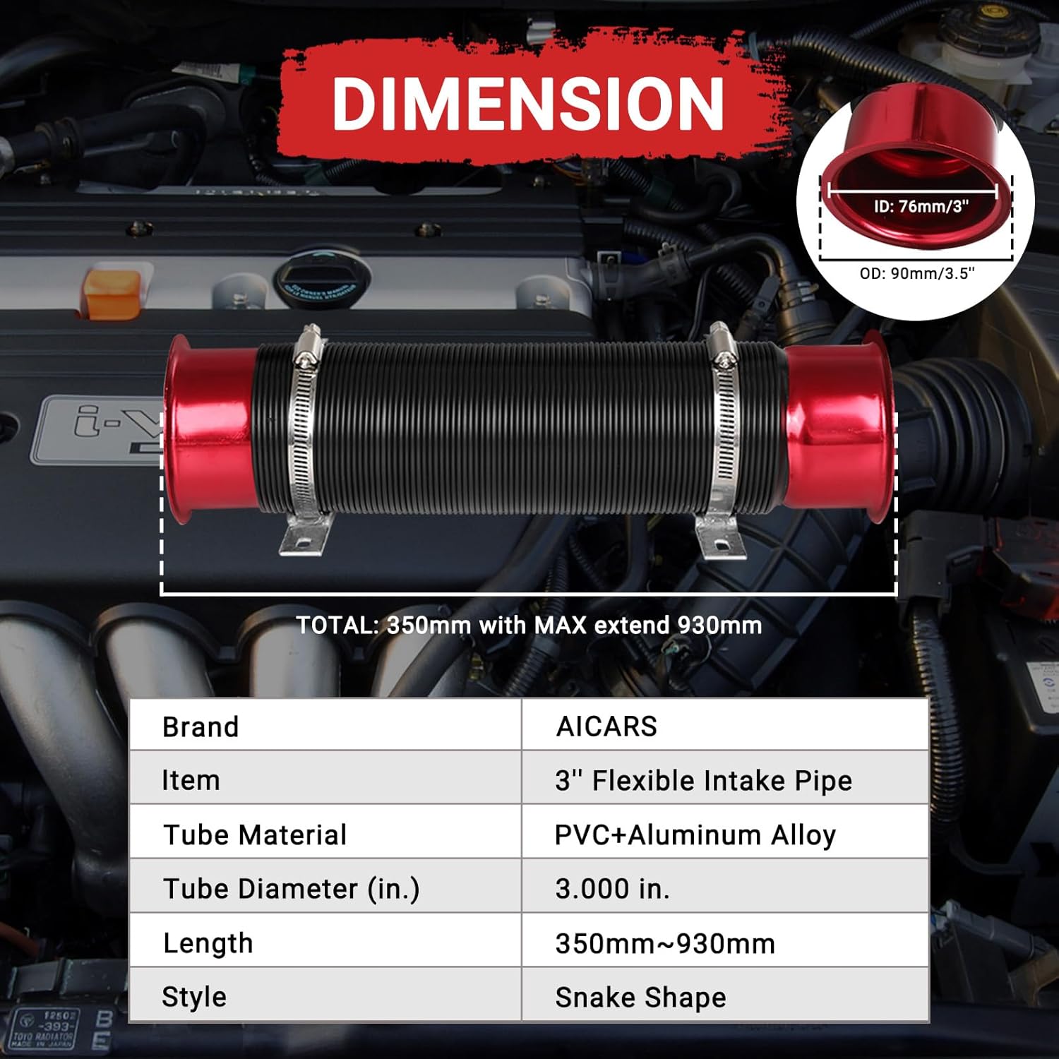 Conducto de admisión del tubo de admisión, 3 pulgadas2.992 in Tubo de entrada de frío de aluminio universal para automóvil automotriz- Rojo