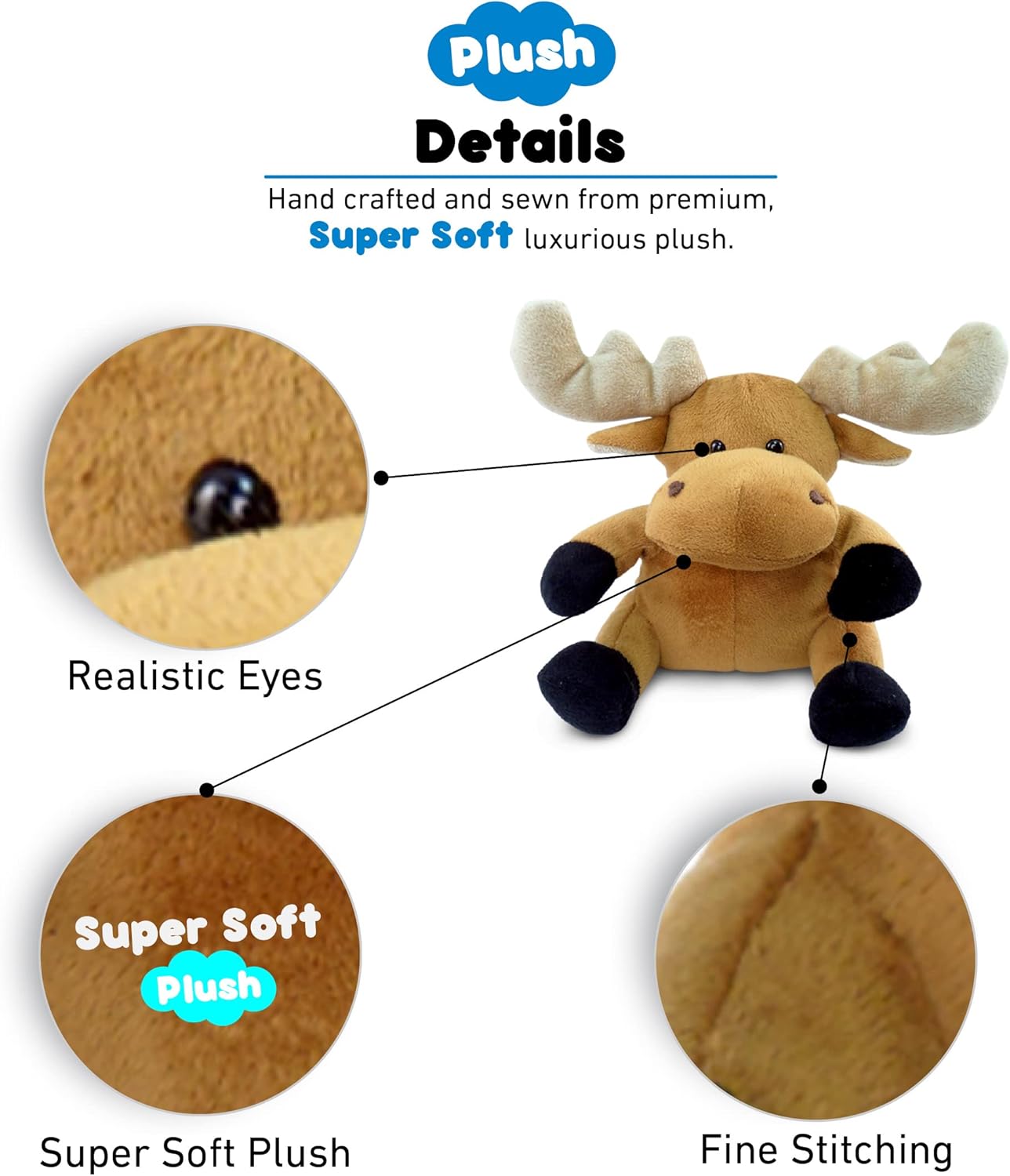 DolliBu – Peluche de alce de peluche, alce sentado suave, abrazable, adorable juguete de peluche de alce marrón, lindo regalo de vida salvaje para