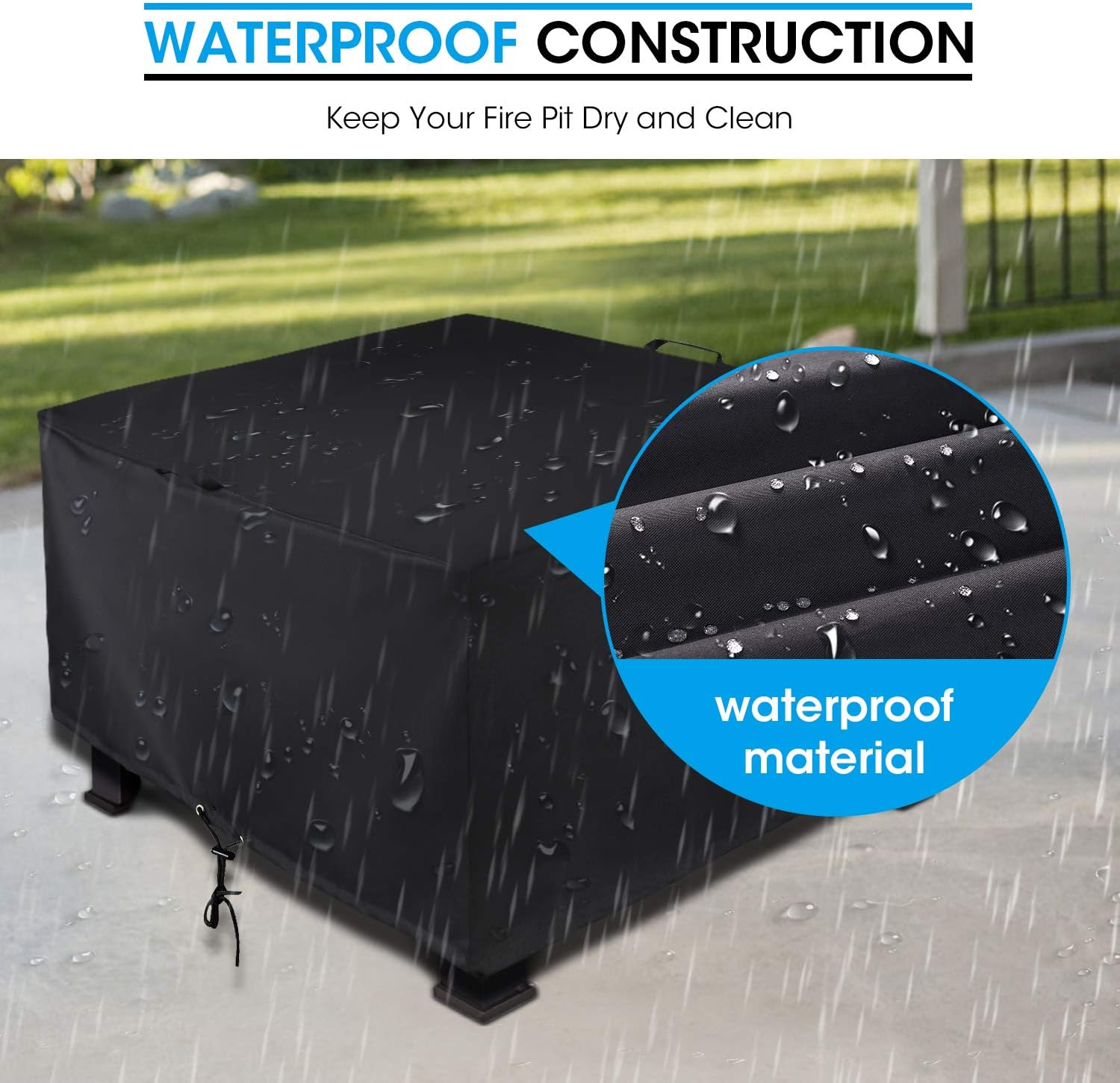 Unicook Funda cuadrada para hoguera de 38 pulgadas, resistente e impermeable, cubierta para fogata al aire libre con cordón y asas, material