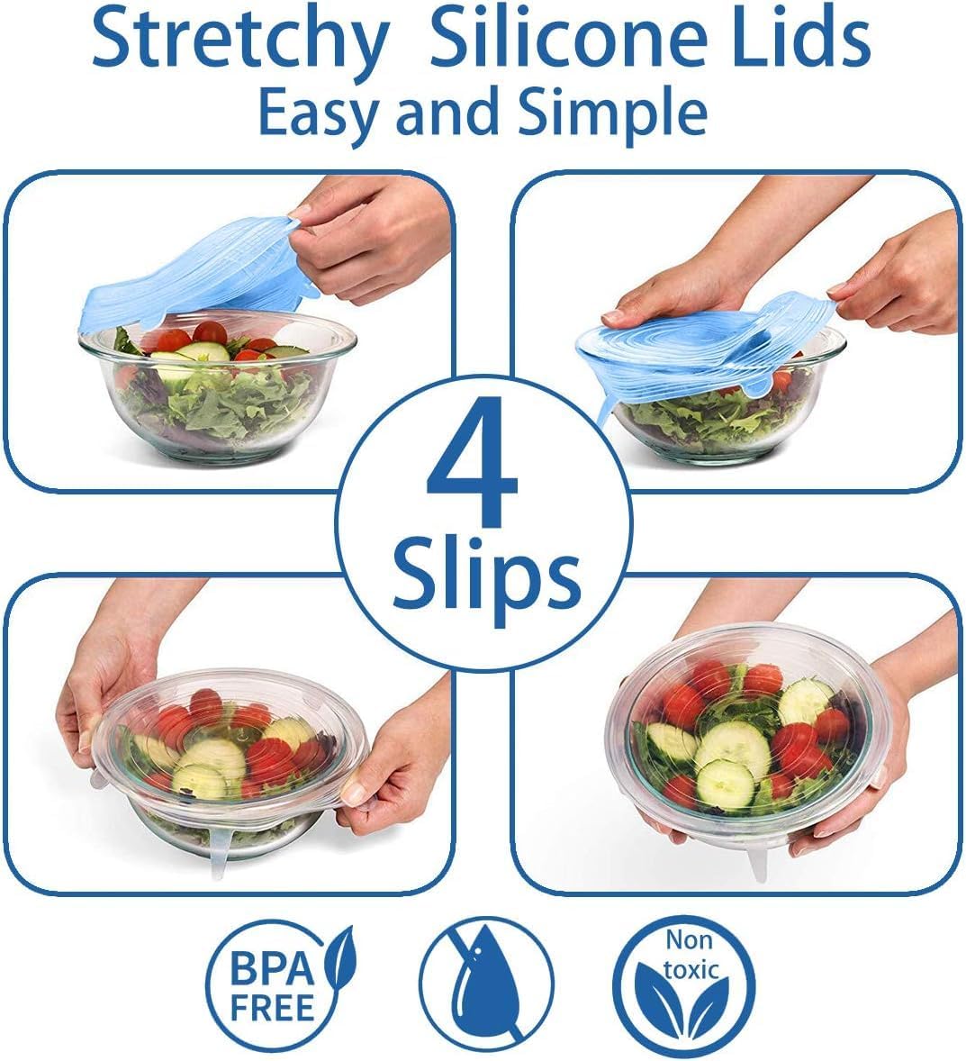 YAZJIWAN Tapas elásticas de silicona, duraderas y ecológicas, tapas elásticas reutilizables, resistentes al calor, varios tamaños para tazón (azul +