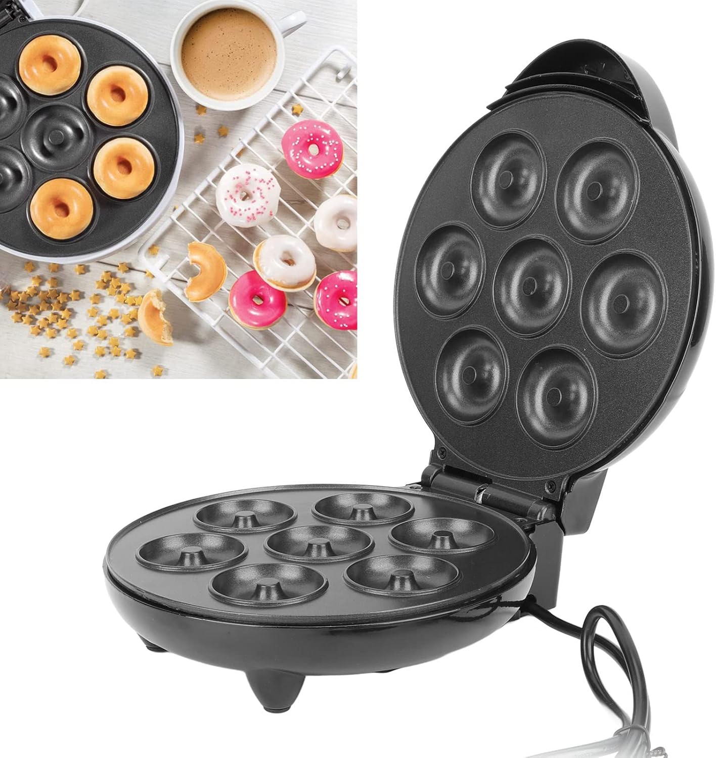 Máquina para hacer donas, mini máquina de donas de 1000 W de doble cara con superficie antiadherente para desayunos, aperitivos, postres y más, hace