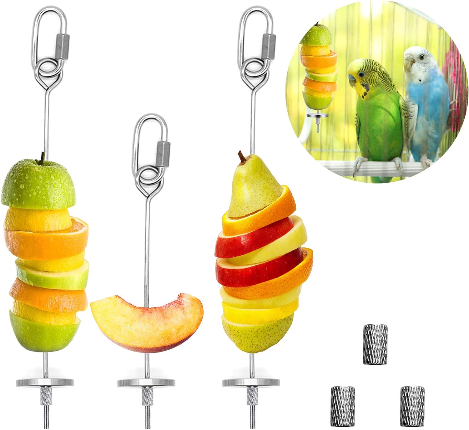 3 piezas de soporte para alimentos para pájaros, juguete de comedero de pájaros, acero inoxidable para animales pequeños, brocheta de frutas y