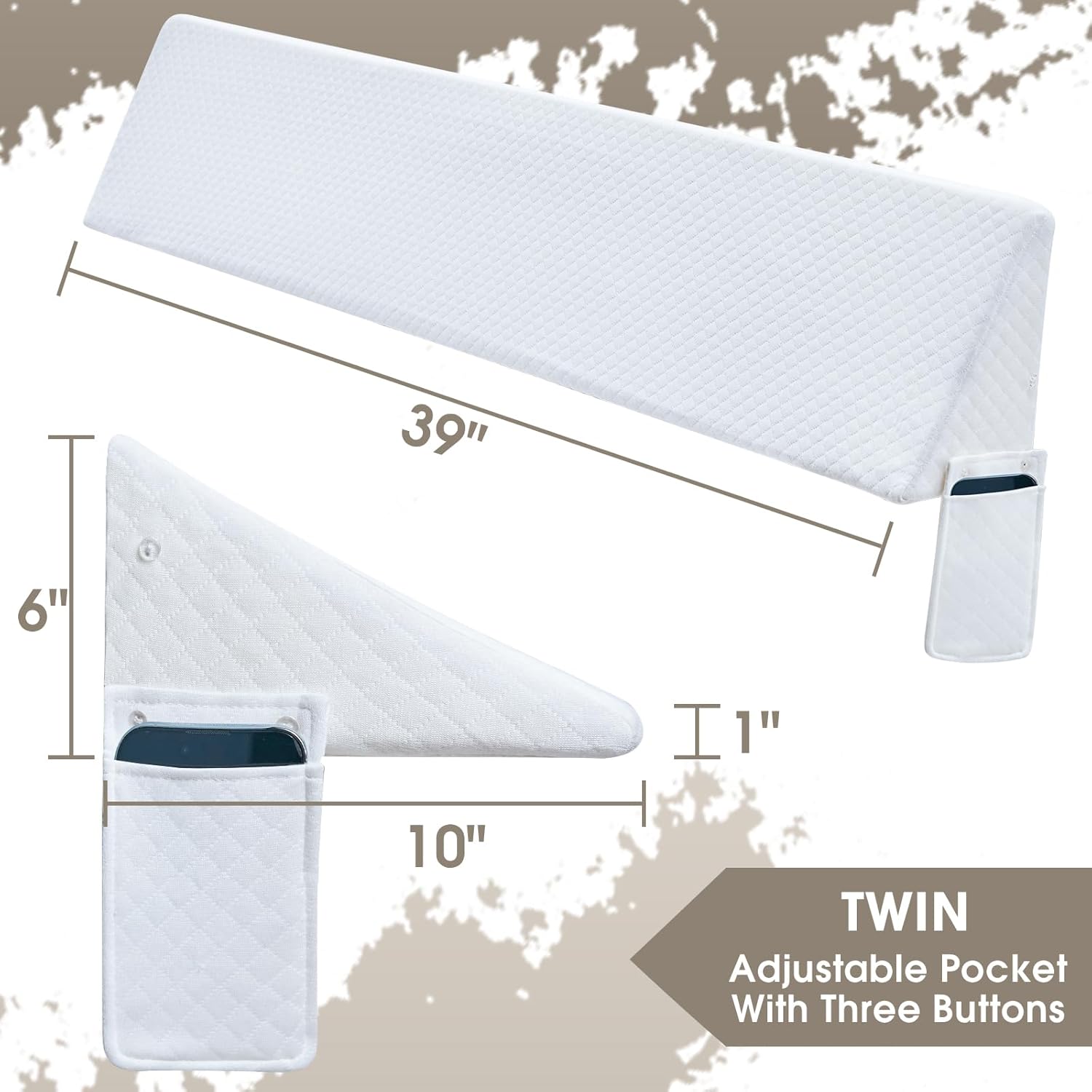 Almohada de cuña de cama de tamaño individual (39 x 10 x 6 pulgadas) para cabecero, relleno de huecos de cama, colchón de fideos, almohada de cuña
