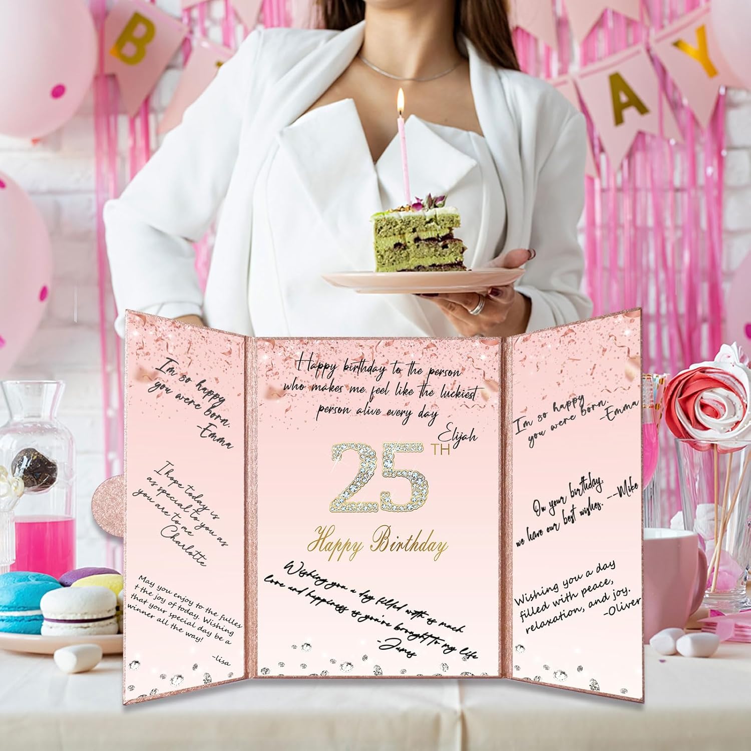 Crenics Decoraciones de oro rosa para cumpleaños número 25, alternativa creativa de libro de inicio de sesión de invitada de cumpleaños de 25, libro