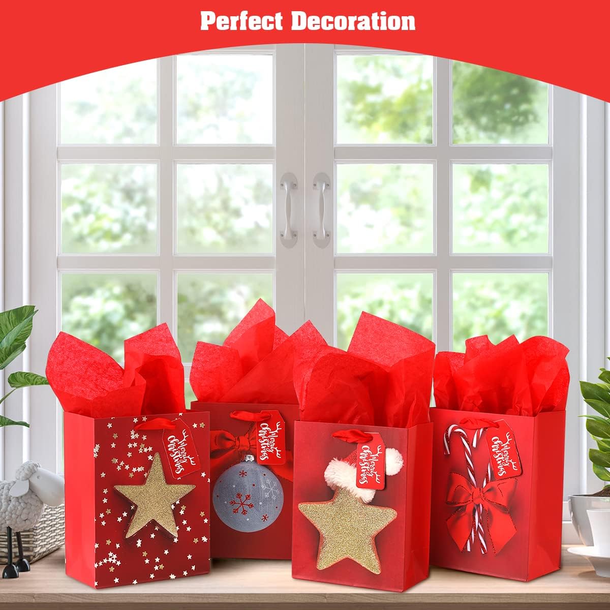 Paquete de 4 bolsas de regalo de tamaño grande de 13 pulgadas, bolsas de regalo con patrón de Navidad surtido con papel de seda para decoración de