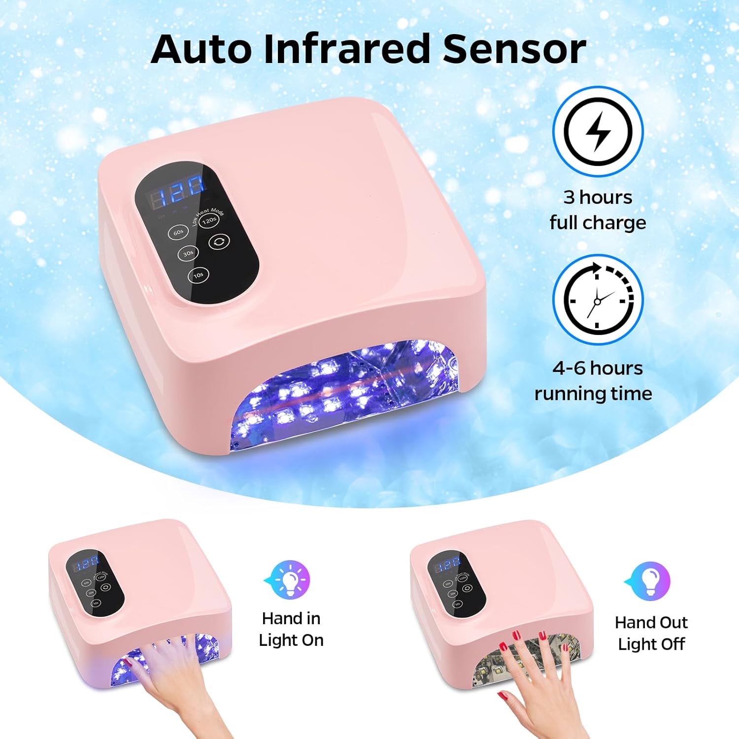 Lámpara de uñas LED UV inalámbrica, lámpara de uñas recargable de 72 W, secado rápido, secado rápido, luz de esmalte de gel profesional con 4