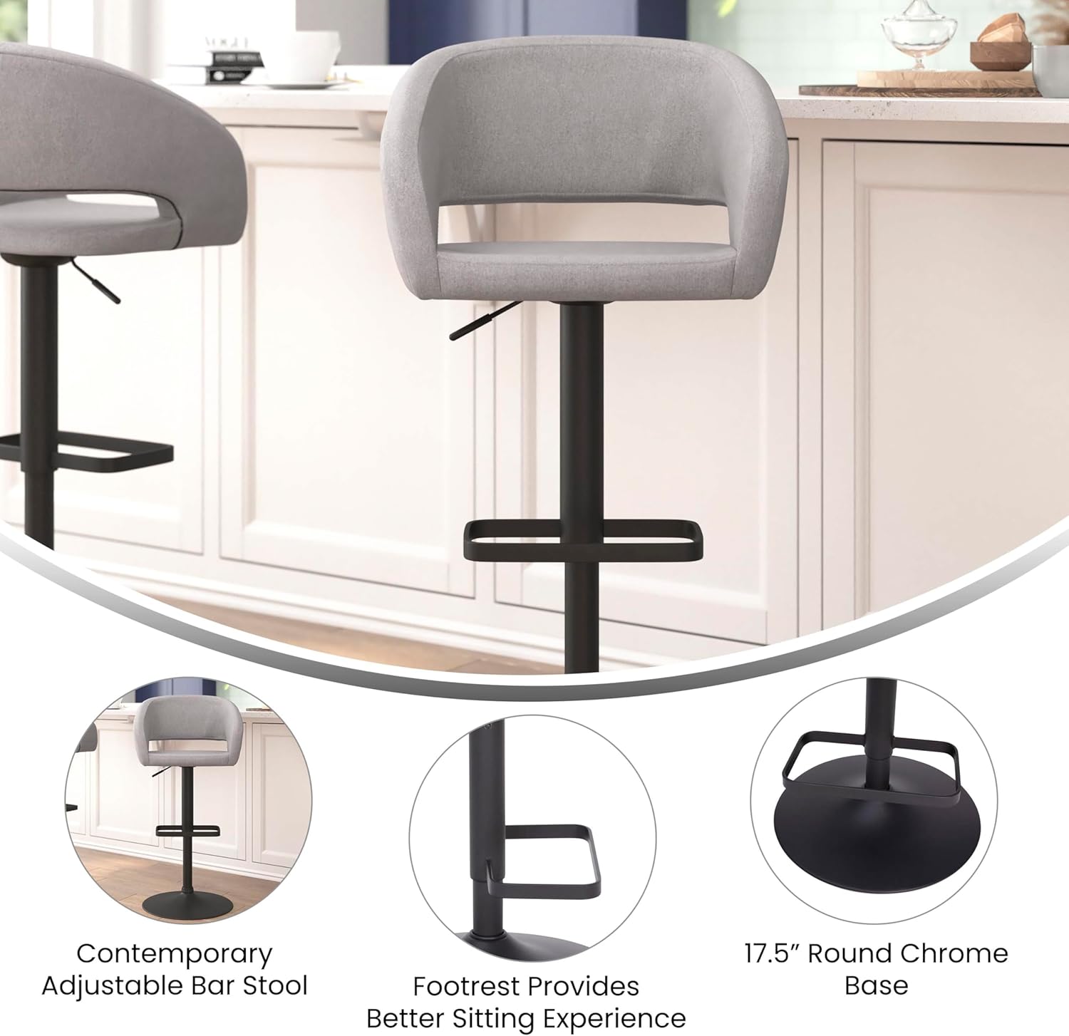BizChair Taburete de bar de altura ajustable de tela gris contemporánea con respaldo medio redondeado y base negra