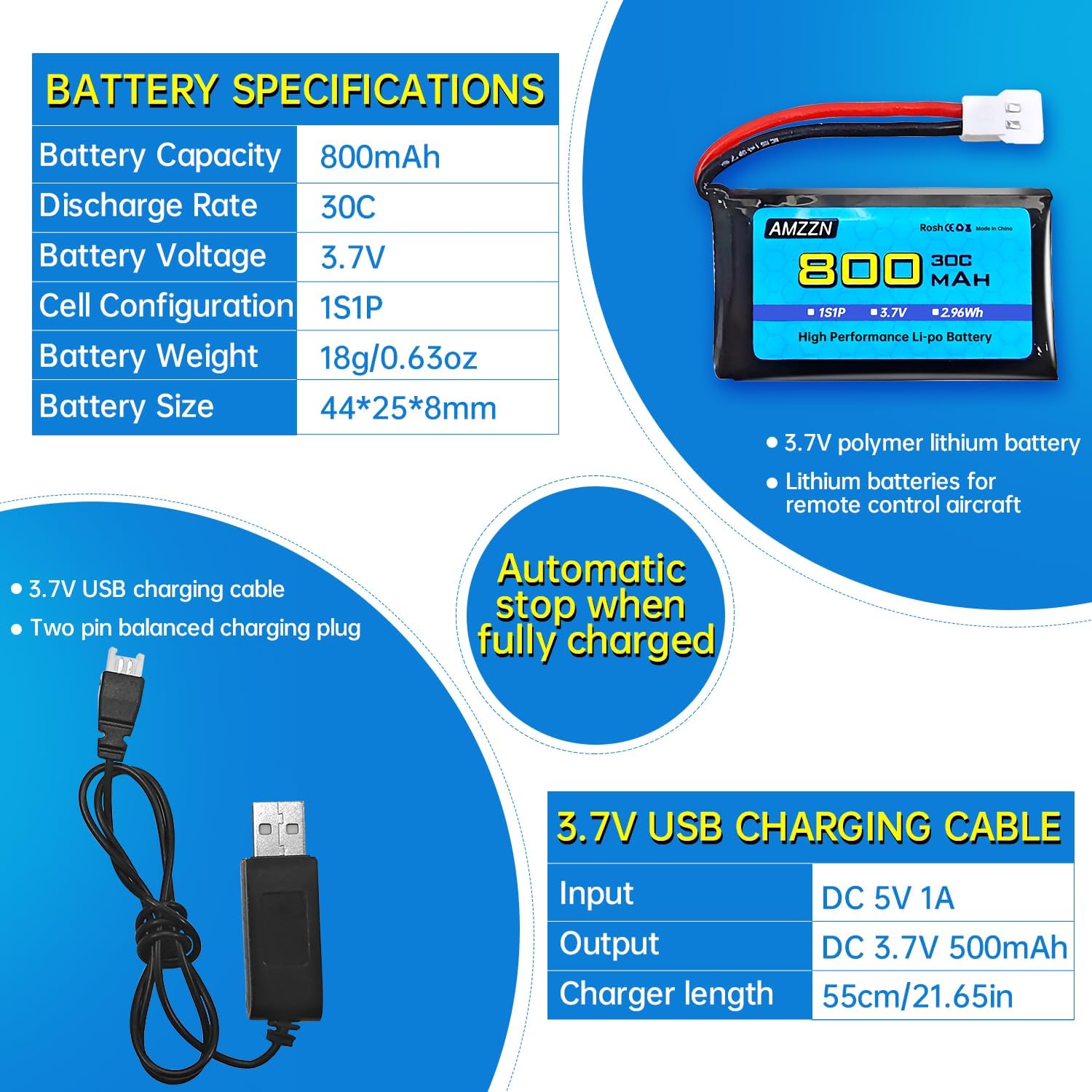 2 baterías Lipo de 3.7 V 800 mAh 30C con cable de carga USB, enchufe Molex para SYMA X5C X5SW H5C V931 U45W SS40 RC Drone compatible con la mayoría