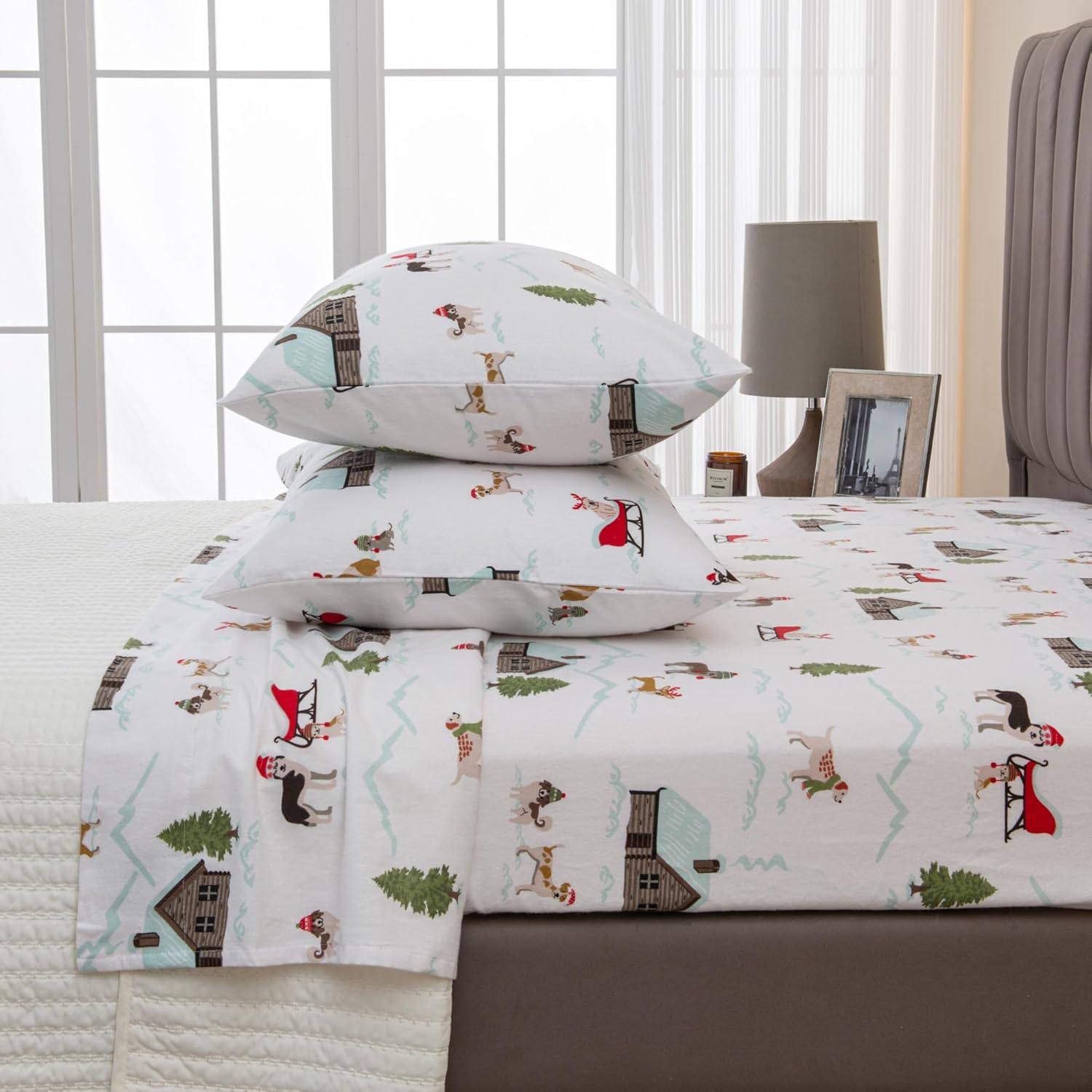 Great Bay Home Juego de sábanas de franela de algodón turco 100 % para Navidad, bajera con gran caída lateral, suaves, para tener una cama cálida,