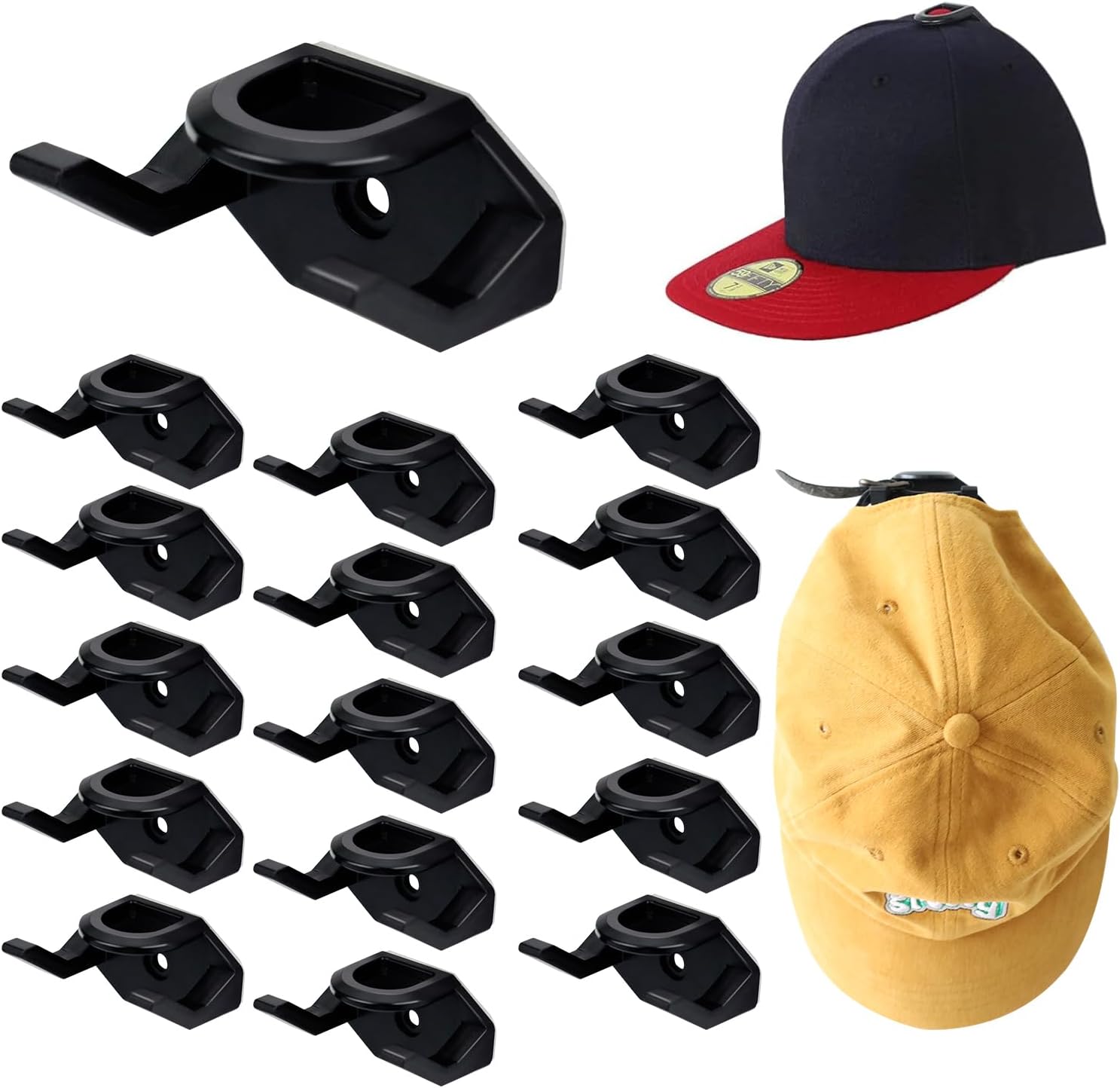 Aohcae Paquete de 16 percheros adhesivos para gorras de béisbol de pared, sin perforaciones, para organizador de sombreros de pared, ganchos