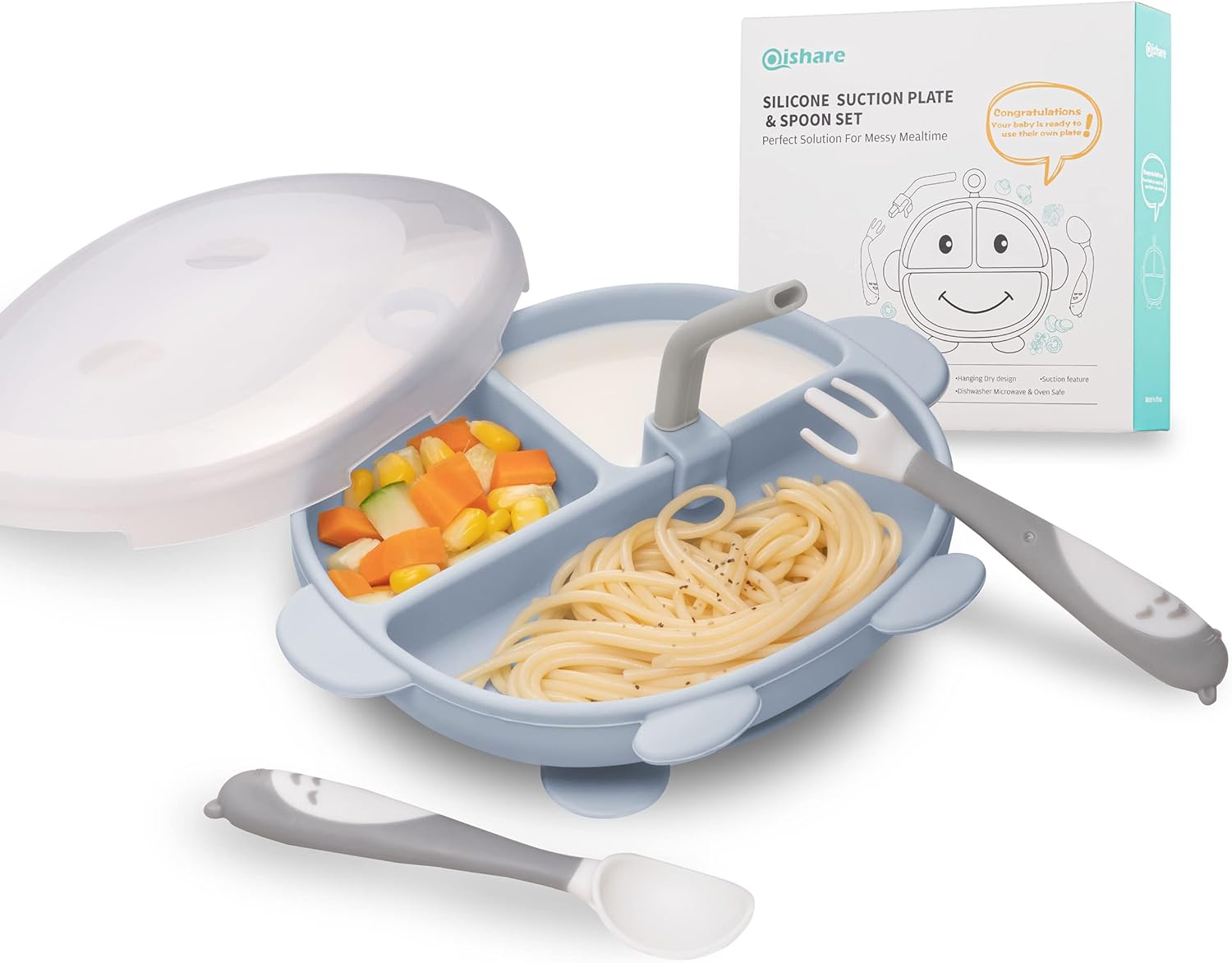 Qishare Platos de succión de silicona para bebés y niños pequeños, plato dividido con agarre de succión fuerte, juego de utensilios de