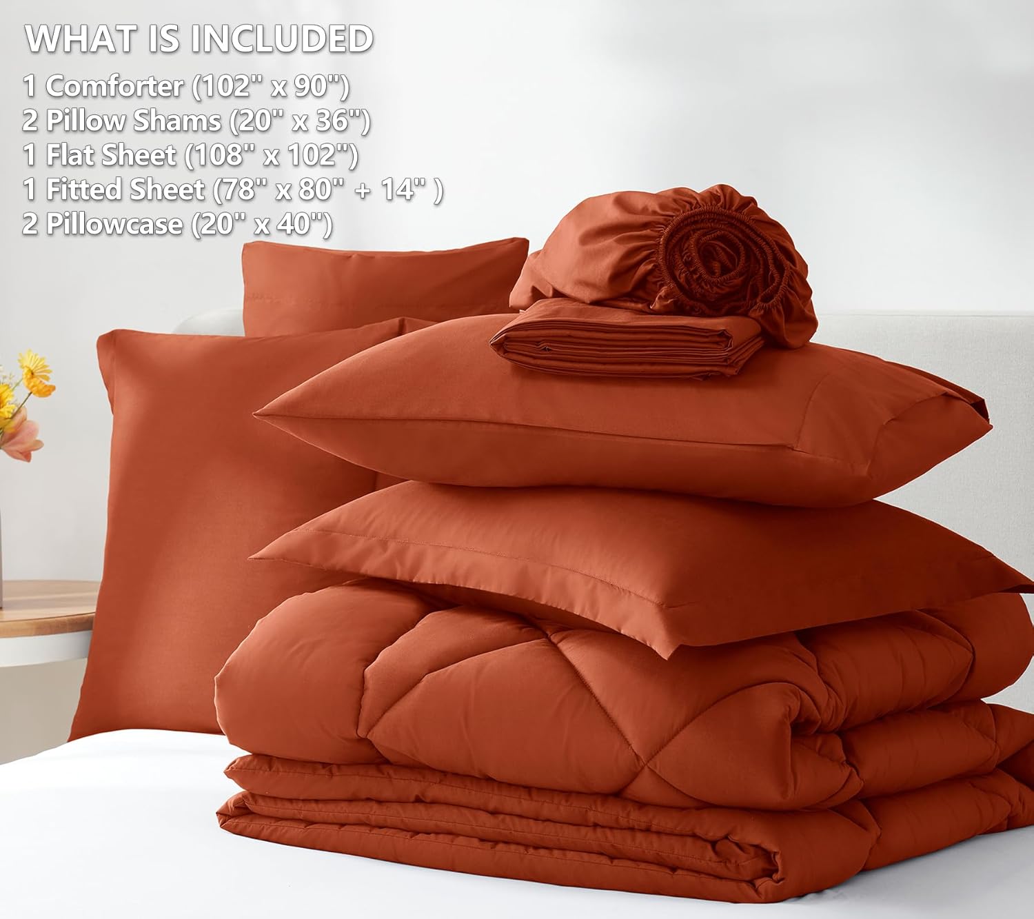 CozyLux Juego de edredón King con sábanas de 7 piezas en una bolsa, color naranja quemado, para todas las estaciones, con edredón, fundas de