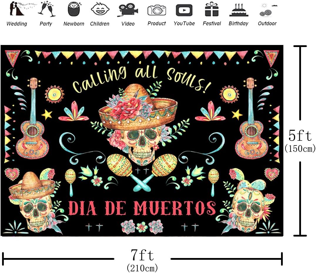 Aperturee Telón de fondo del Día de los Muertos de 7 x 5 pies para fiesta mexicana, flores de calavera de azúcar, fondo de fotografía Dia DE Los