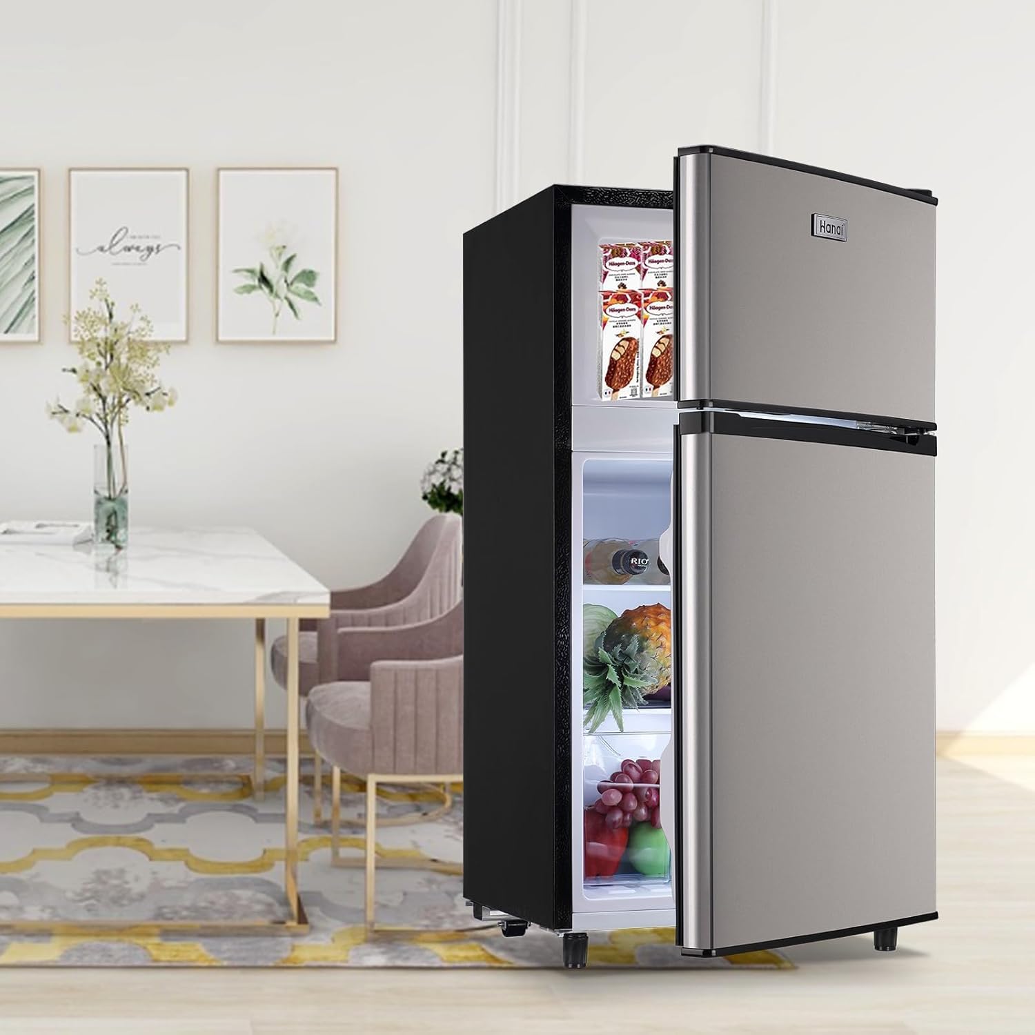 WANAI Refrigerador compacto de 3.5 pies cúbicos, refrigerador clásico retro de 2 puertas, mini refrigerador ajustable con estantes de vidrio