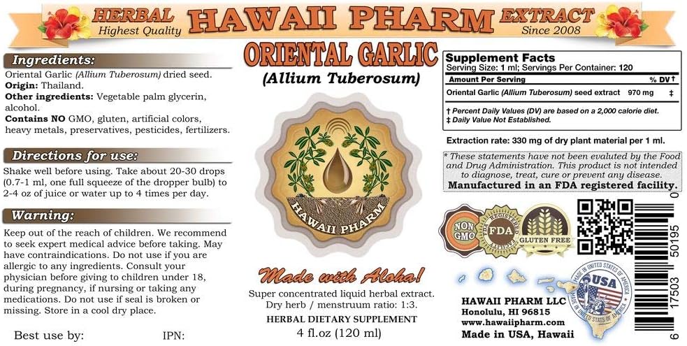 Hawaii Pharm Ajo oriental, Jiu CAI Zi (Allium Tuberosum), tintura, extracto líquido de semillas secas, ajo oriental, suplemento de hierbas 4 onzas