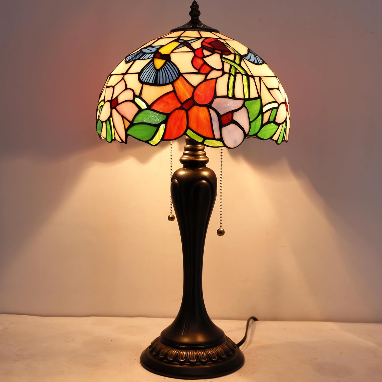 WERFACTORY Tiffany Lámpara de mesa de cristal manchado, estilo colibrí, mesita de noche, luz de lectura, 12 x 12 x 22 pulgadas, decoración para